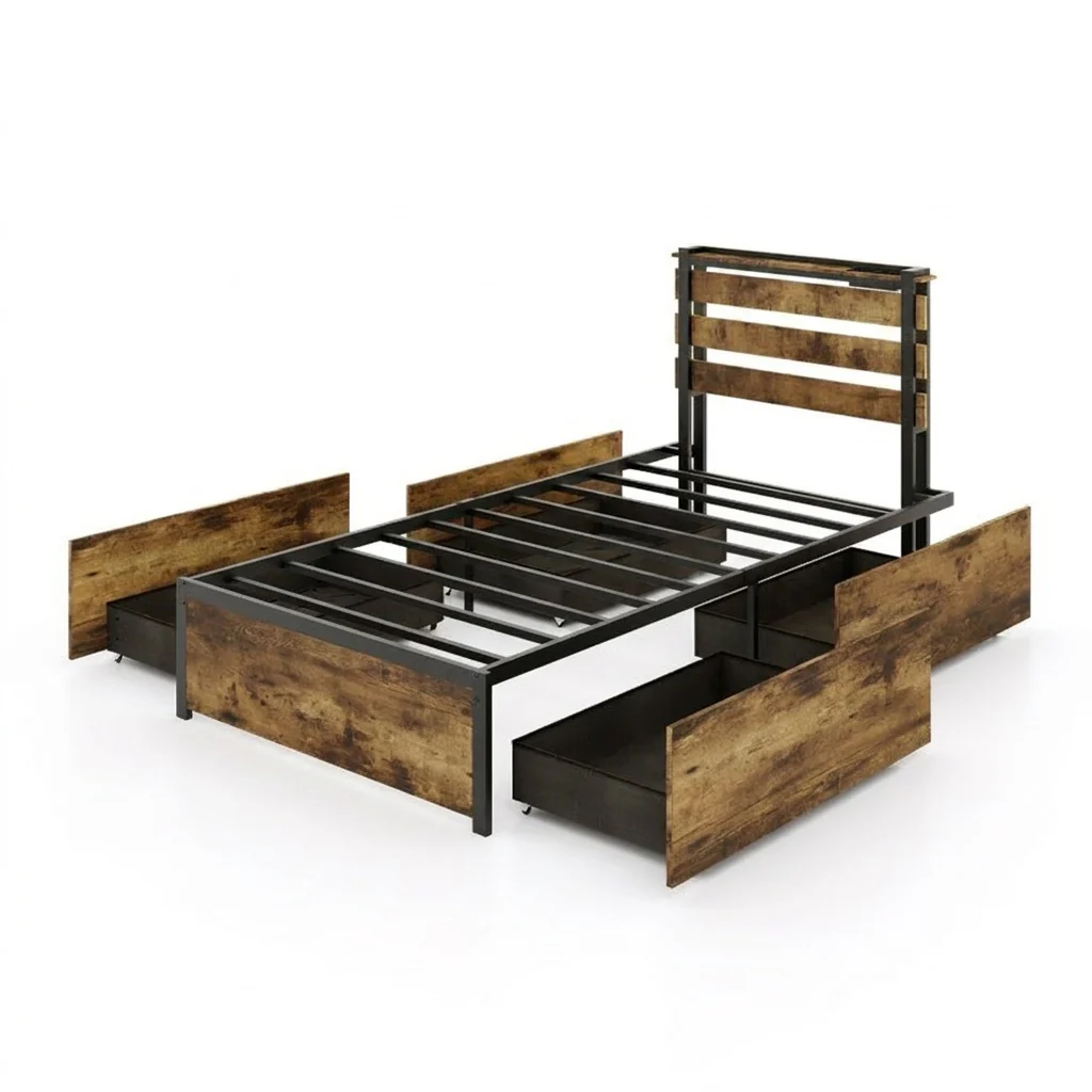 Twin Bed Frame With 4 Storage Drawers, Rustic Brown - Image 2