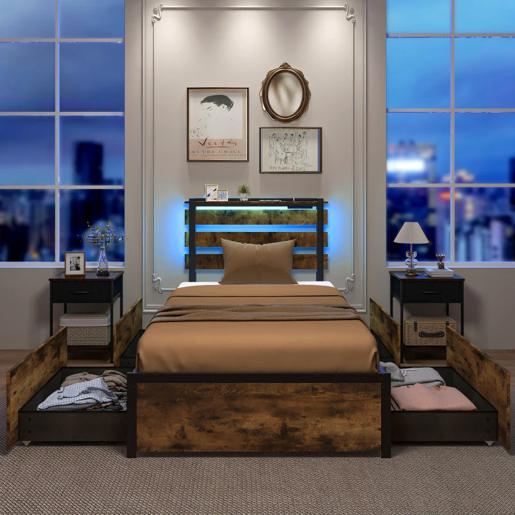 Twin Bed Frame With 4 Storage Drawers, Rustic Brown - Image 3