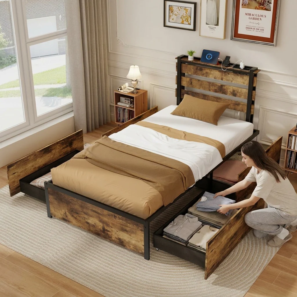 Twin Bed Frame With 4 Storage Drawers, Rustic Brown - Image 4