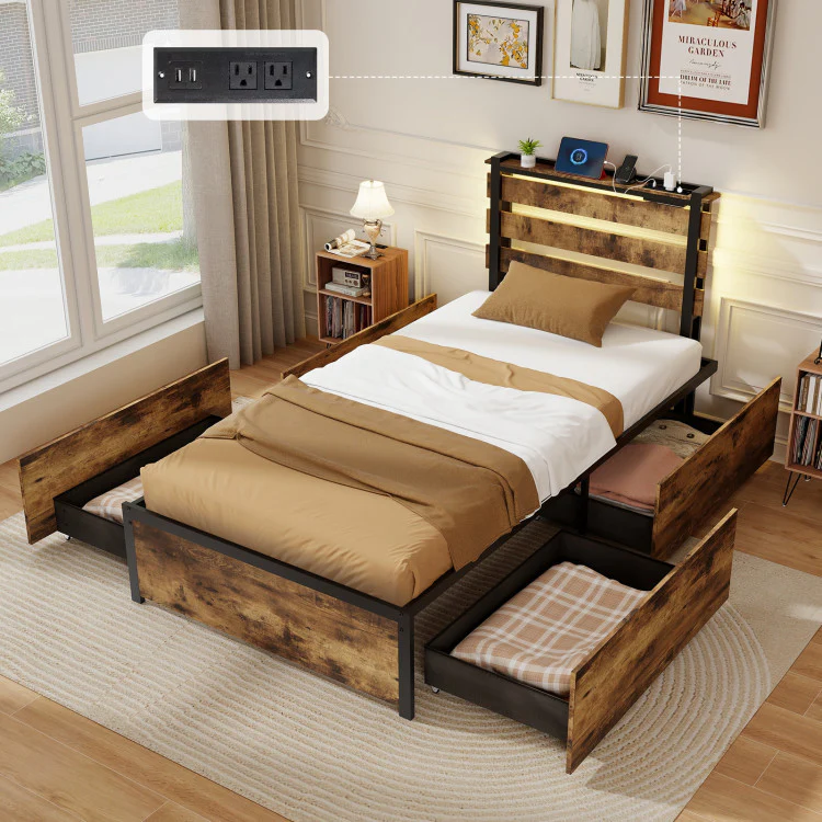 Twin Bed Frame With 4 Storage Drawers, Rustic Brown - Image 9
