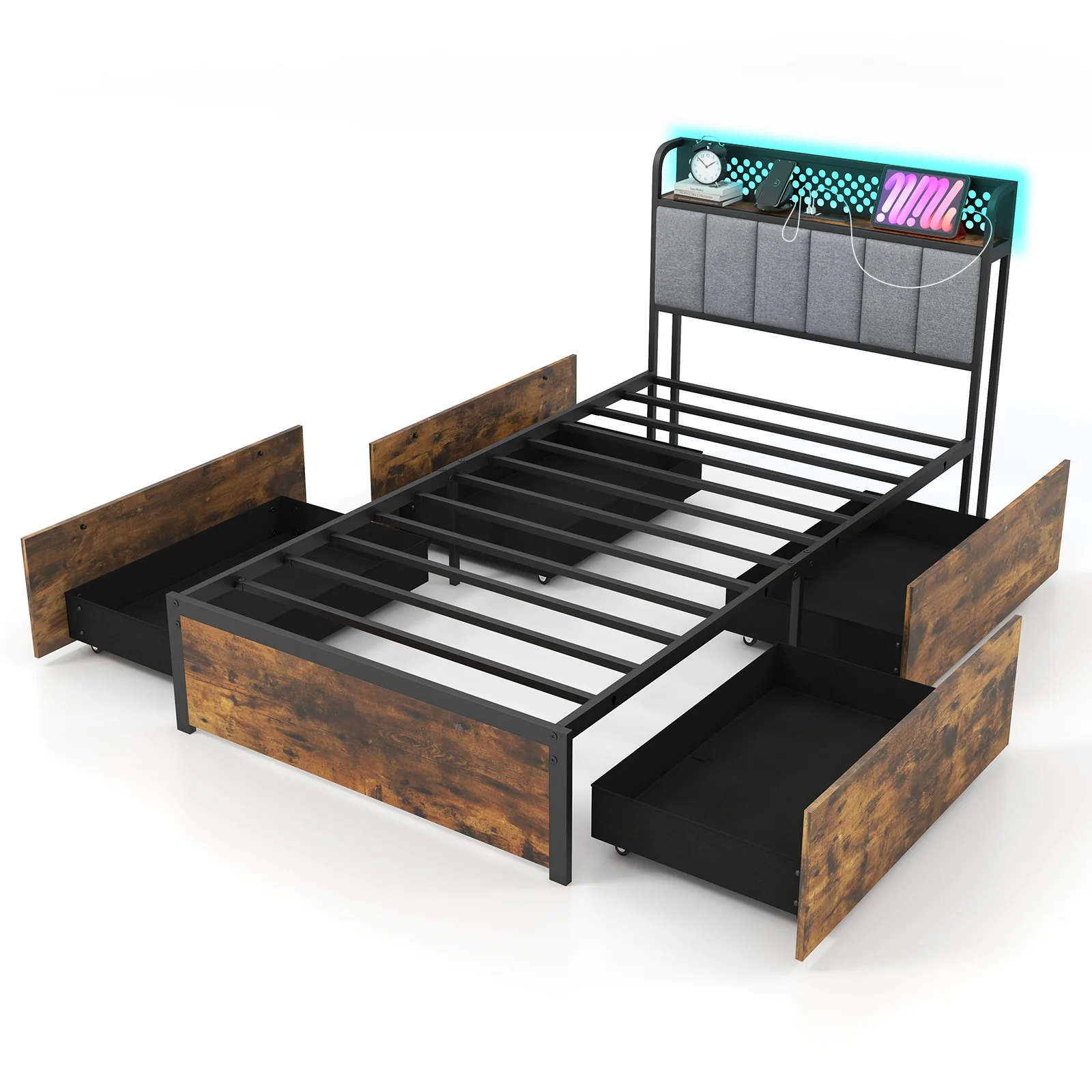 Twin Bed Frame With LED Lights, Upholstered Headboard, 4 Storage Drawers