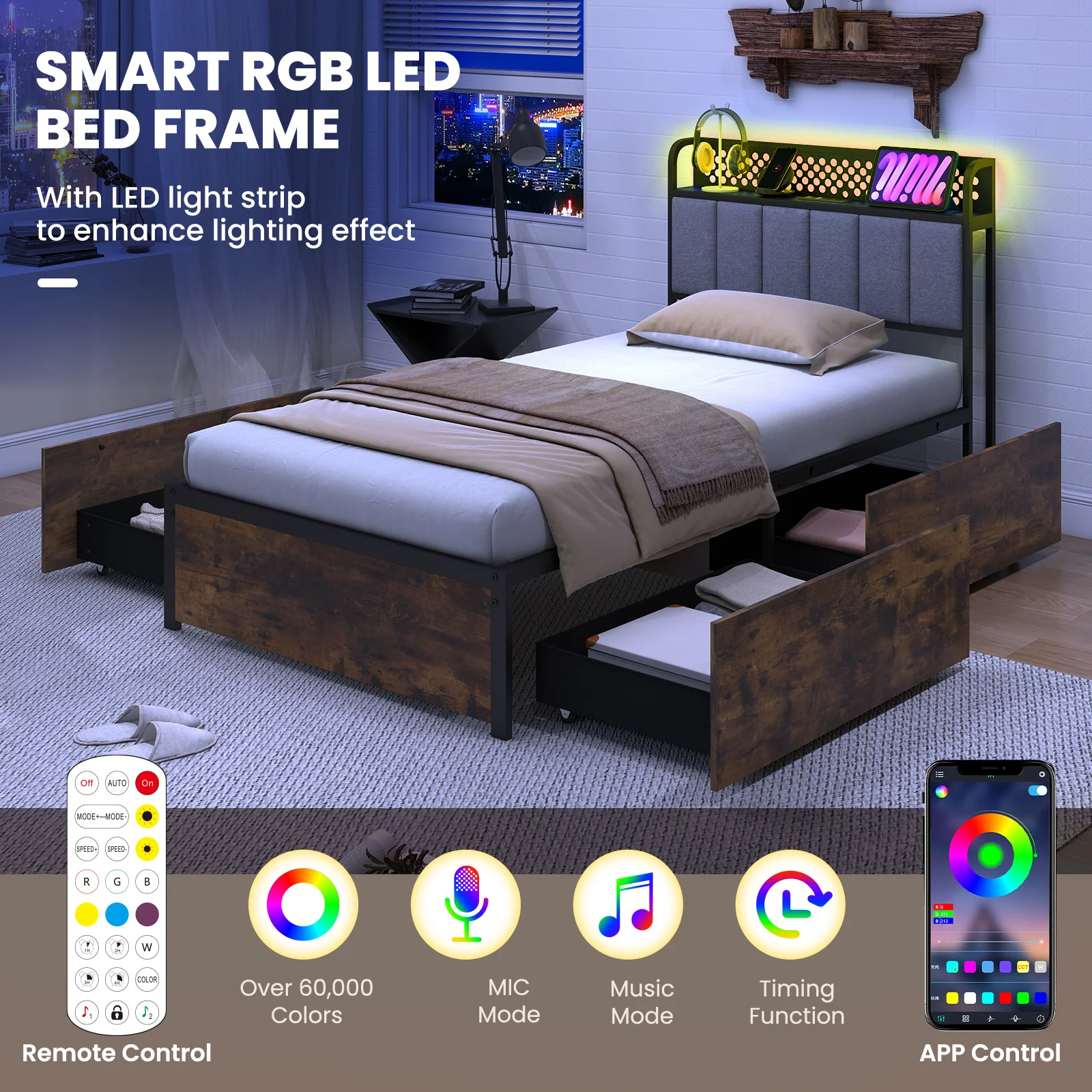 Twin Bed Frame With LED Lights, Upholstered Headboard, 4 Storage Drawers - Image 10