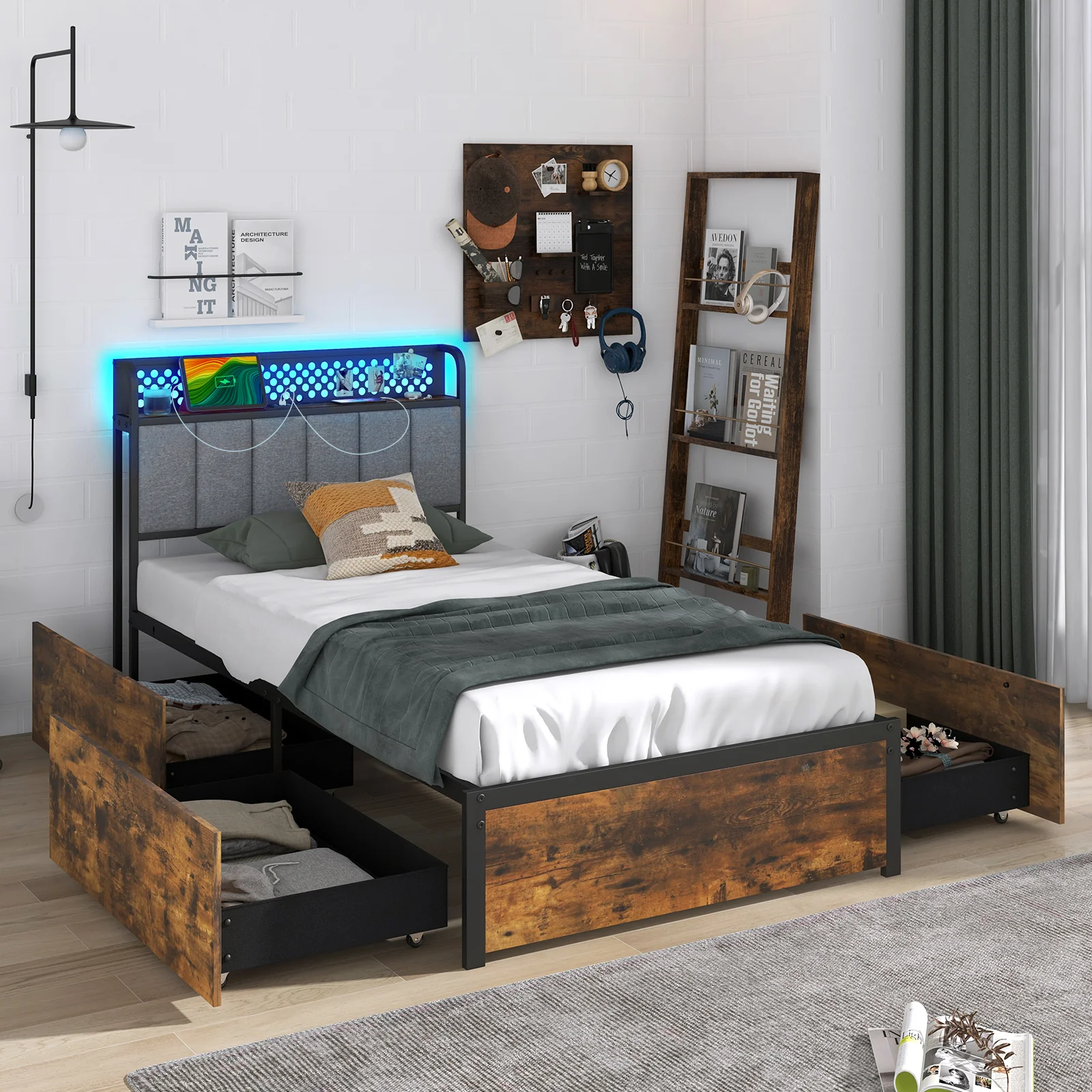 Twin Bed Frame With LED Lights, Upholstered Headboard, 4 Storage Drawers - Image 2