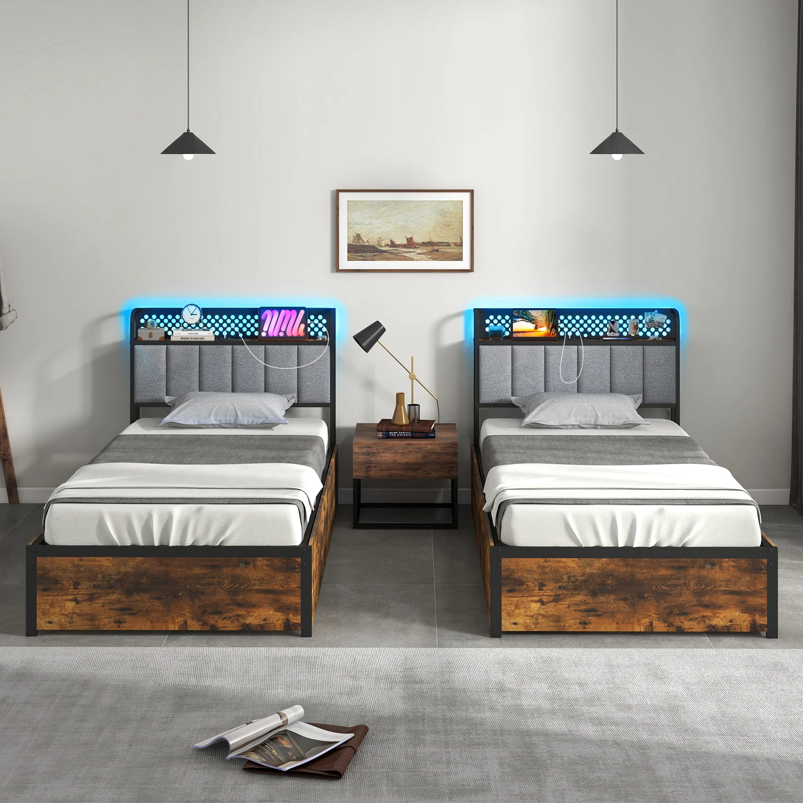 Twin Bed Frame With LED Lights, Upholstered Headboard, 4 Storage Drawers - Image 3