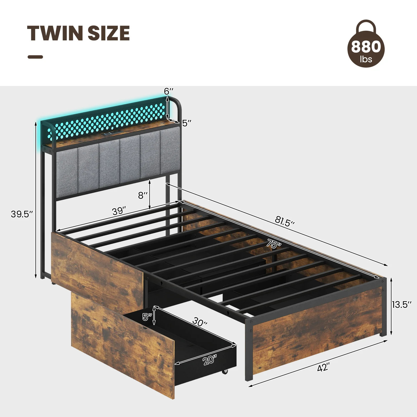 Twin Bed Frame With LED Lights, Upholstered Headboard, 4 Storage Drawers - Image 5