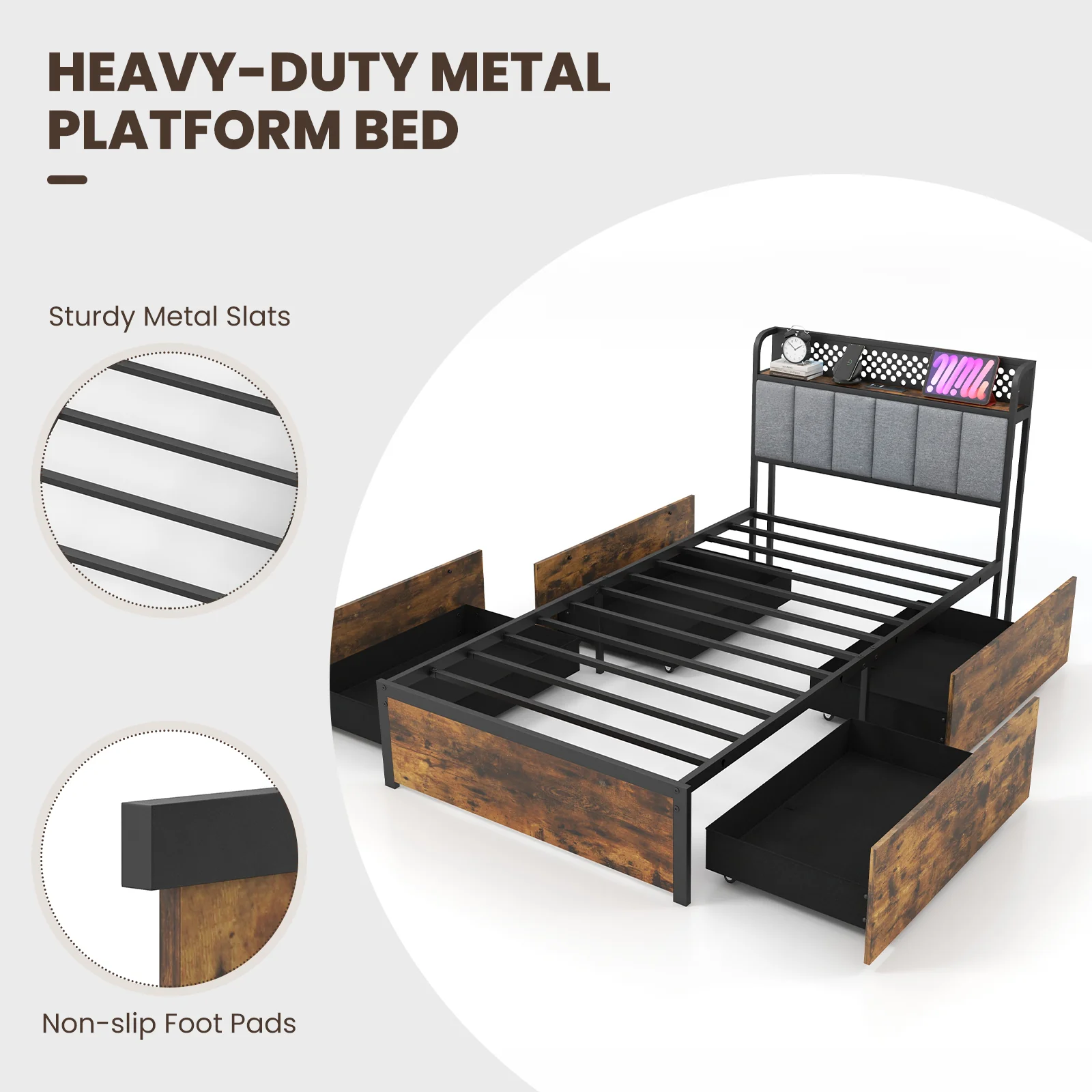 Twin Bed Frame With LED Lights, Upholstered Headboard, 4 Storage Drawers - Image 7