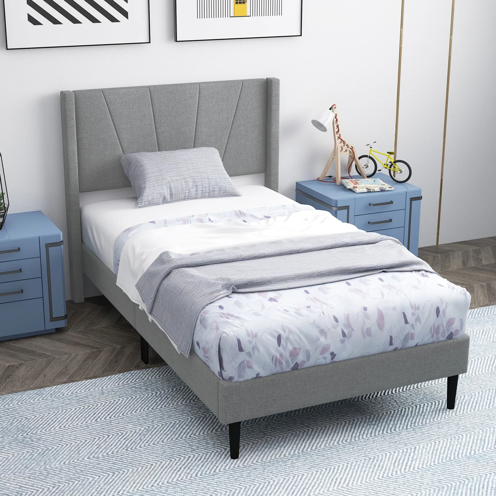 Twin Bed Frame With Linen Upholstered Wingback Headboard, Twin Size, Gray - Image 10