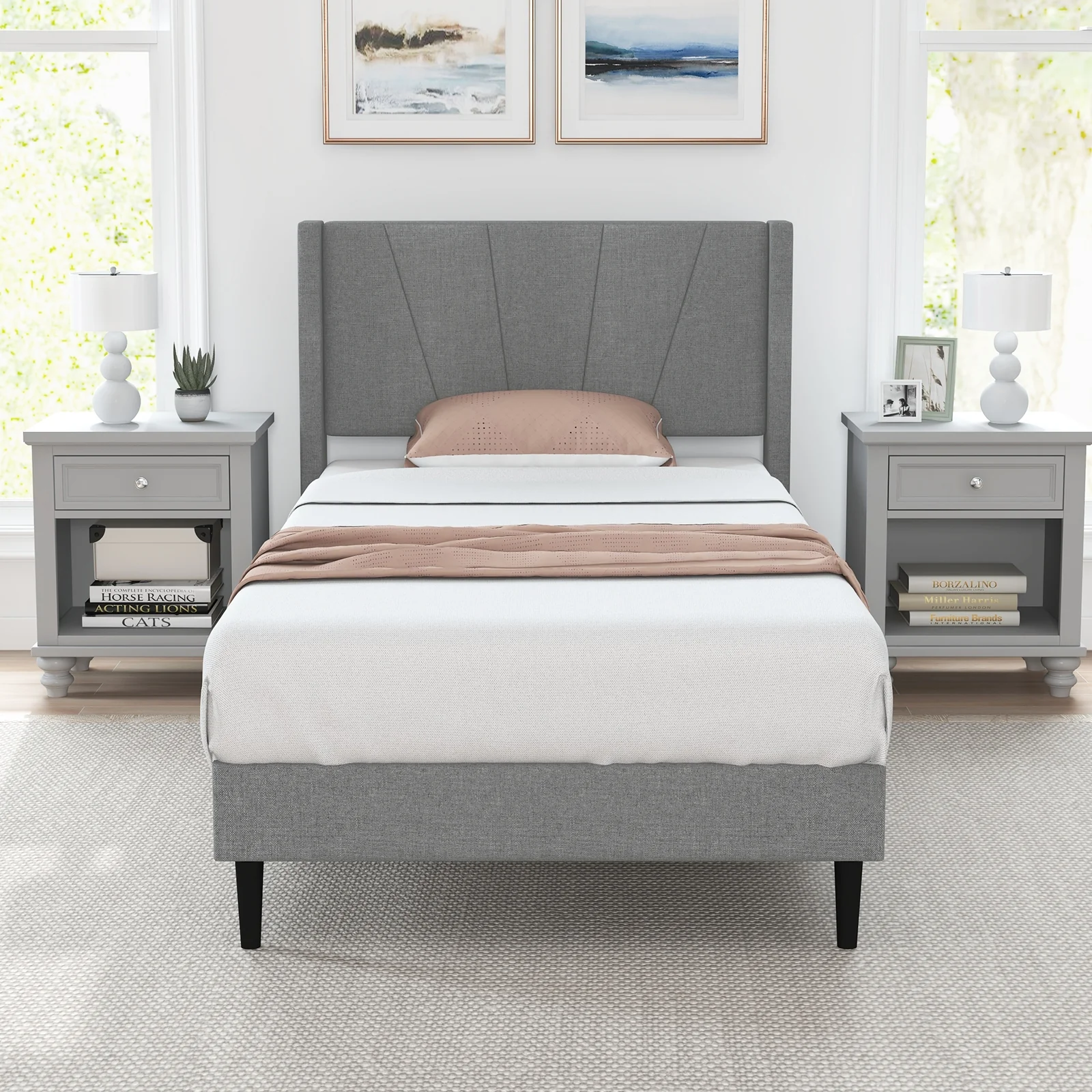 Twin Bed Frame With Linen Upholstered Wingback Headboard, Twin Size, Gray - Image 2