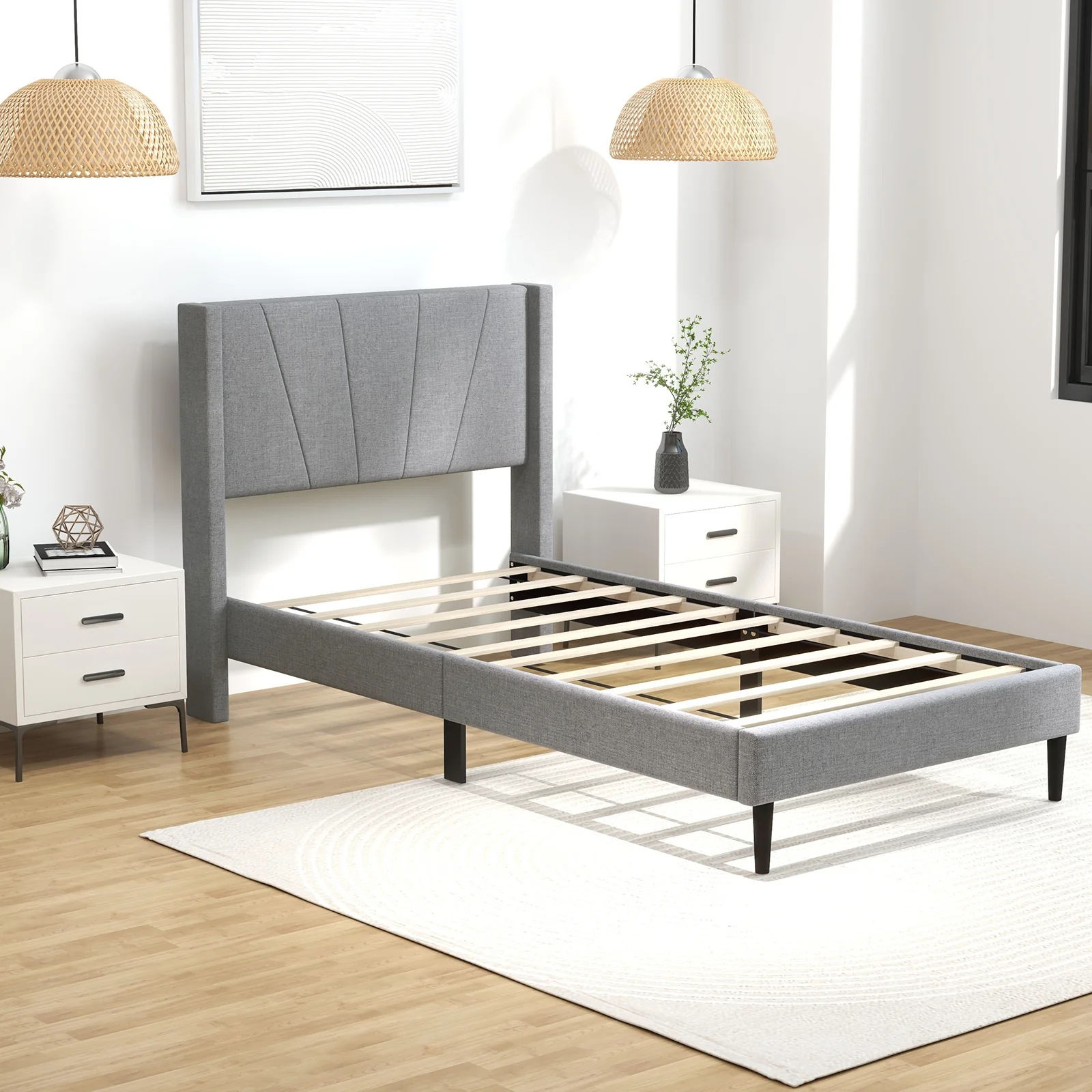 Twin Bed Frame With Linen Upholstered Wingback Headboard, Twin Size, Gray - Image 3