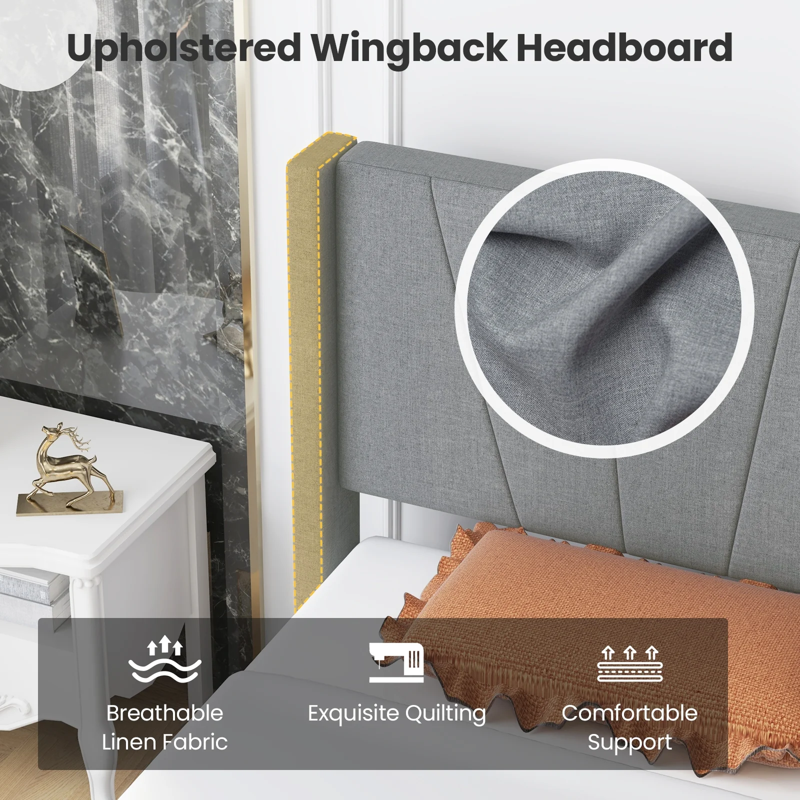 Twin Bed Frame With Linen Upholstered Wingback Headboard, Twin Size, Gray - Image 6