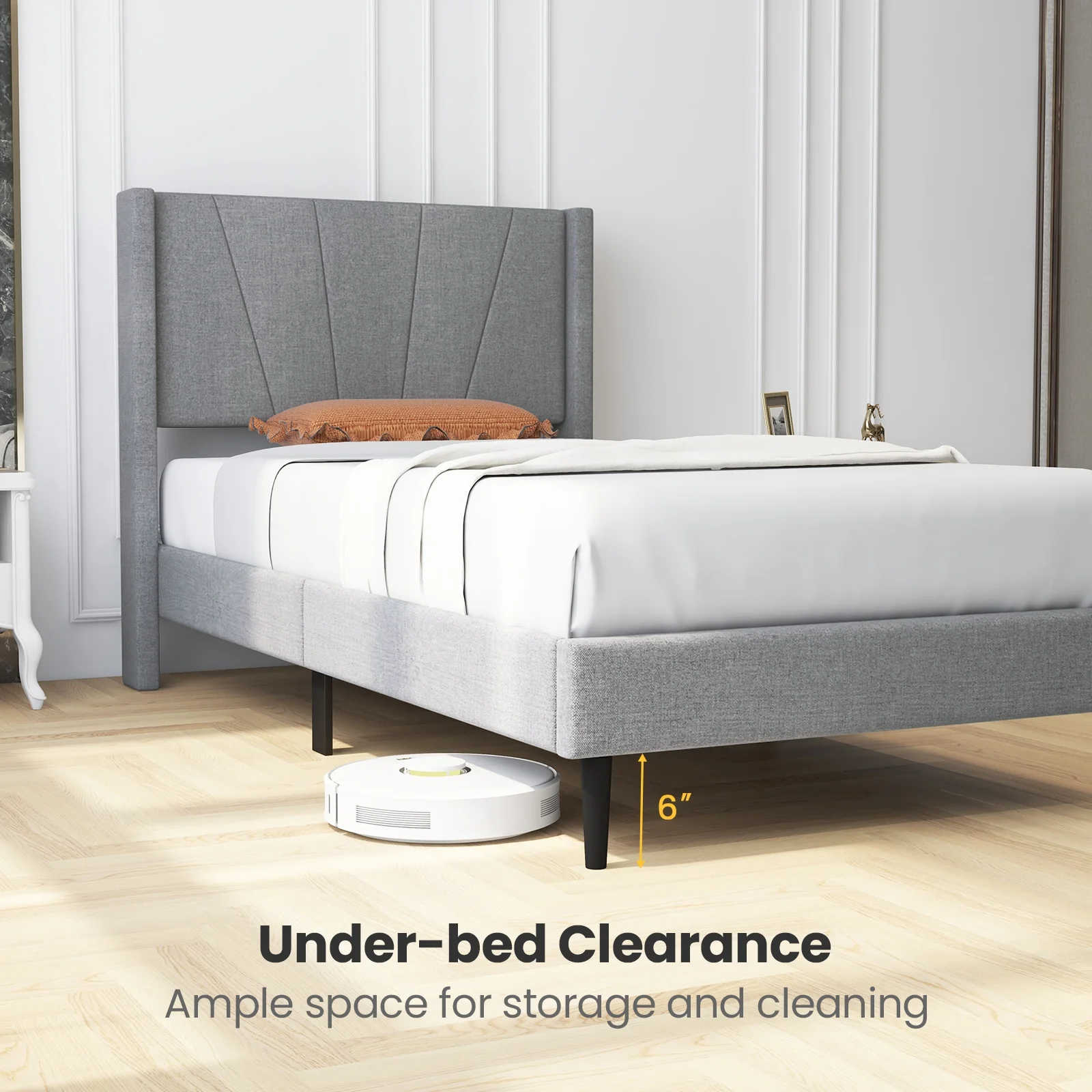 Twin Bed Frame With Linen Upholstered Wingback Headboard, Twin Size, Gray - Image 7