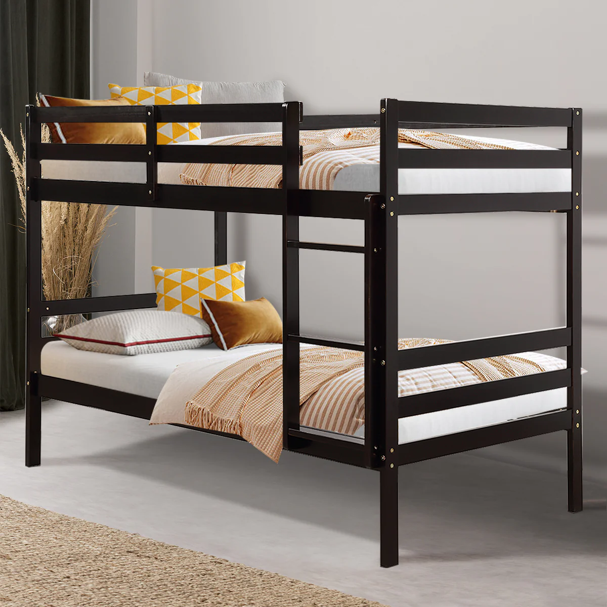 Twin Bunk Bed, Children Wooden Bunk Beds, Solid Hardwood, Brown - Image 3