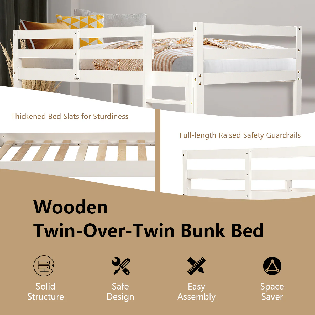 Twin Bunk Bed, Solid Hardwood, White - Image 9