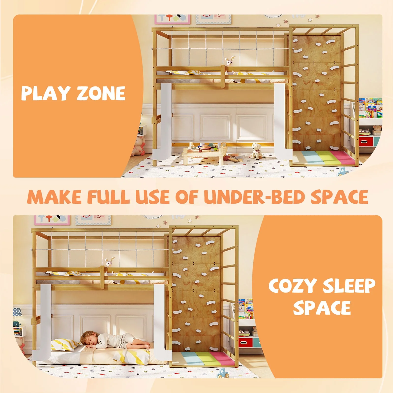 Twin Bunk Bed With Jungle Gym, Wooden Loft Bed, Climbing Ladder, Natural - Image 10