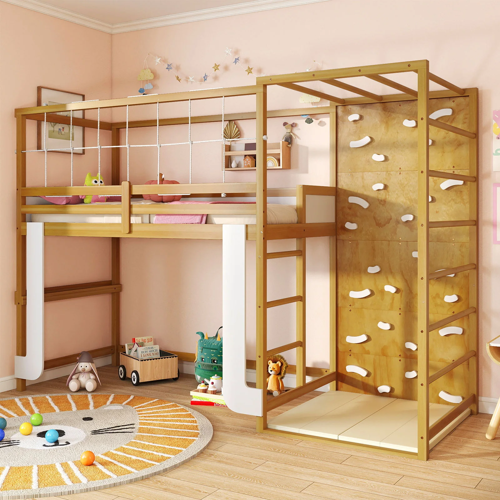 Twin Bunk Bed With Jungle Gym, Wooden Loft Bed, Climbing Ladder, Natural - Image 3