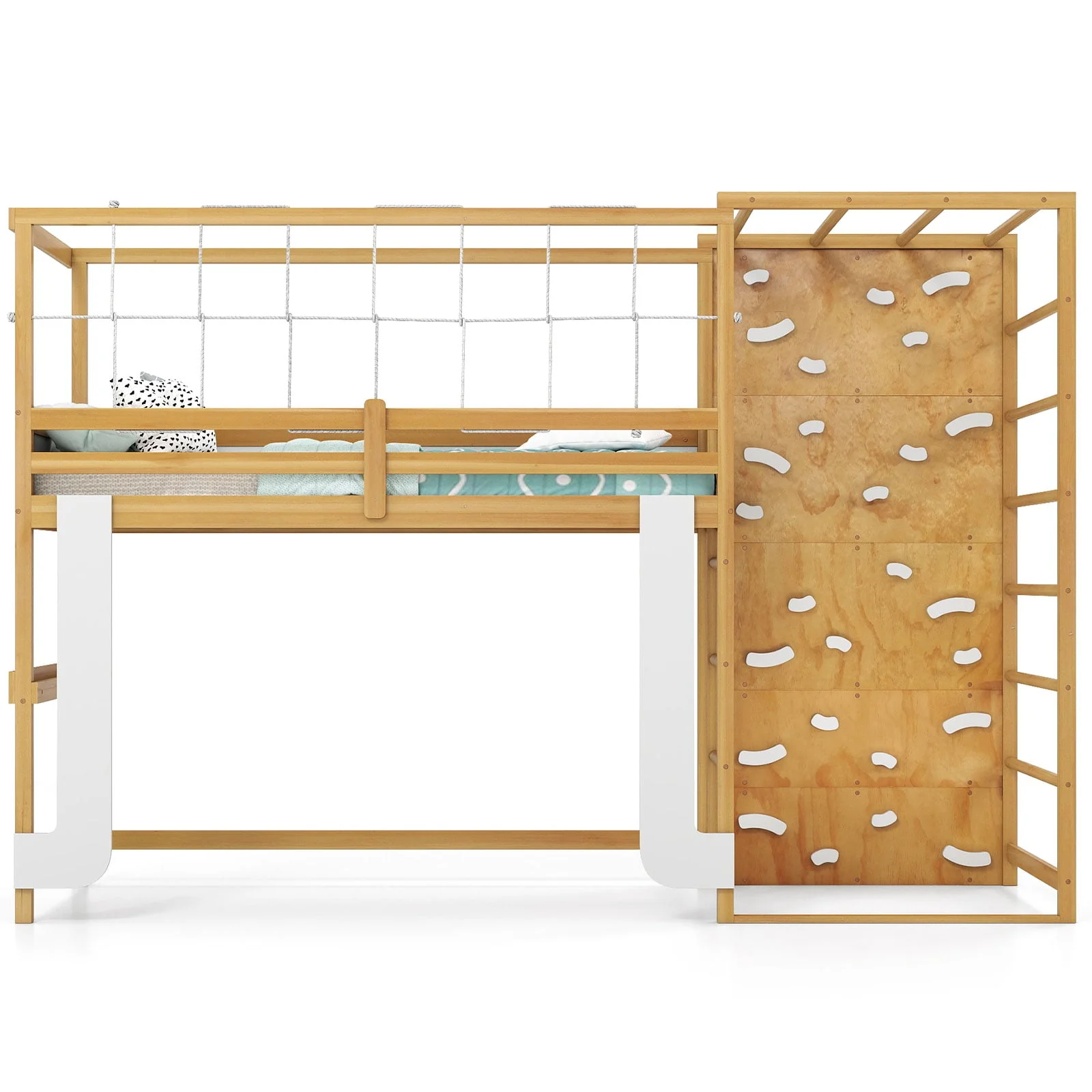 Twin Bunk Bed With Jungle Gym, Wooden Loft Bed, Climbing Ladder, Natural - Image 4