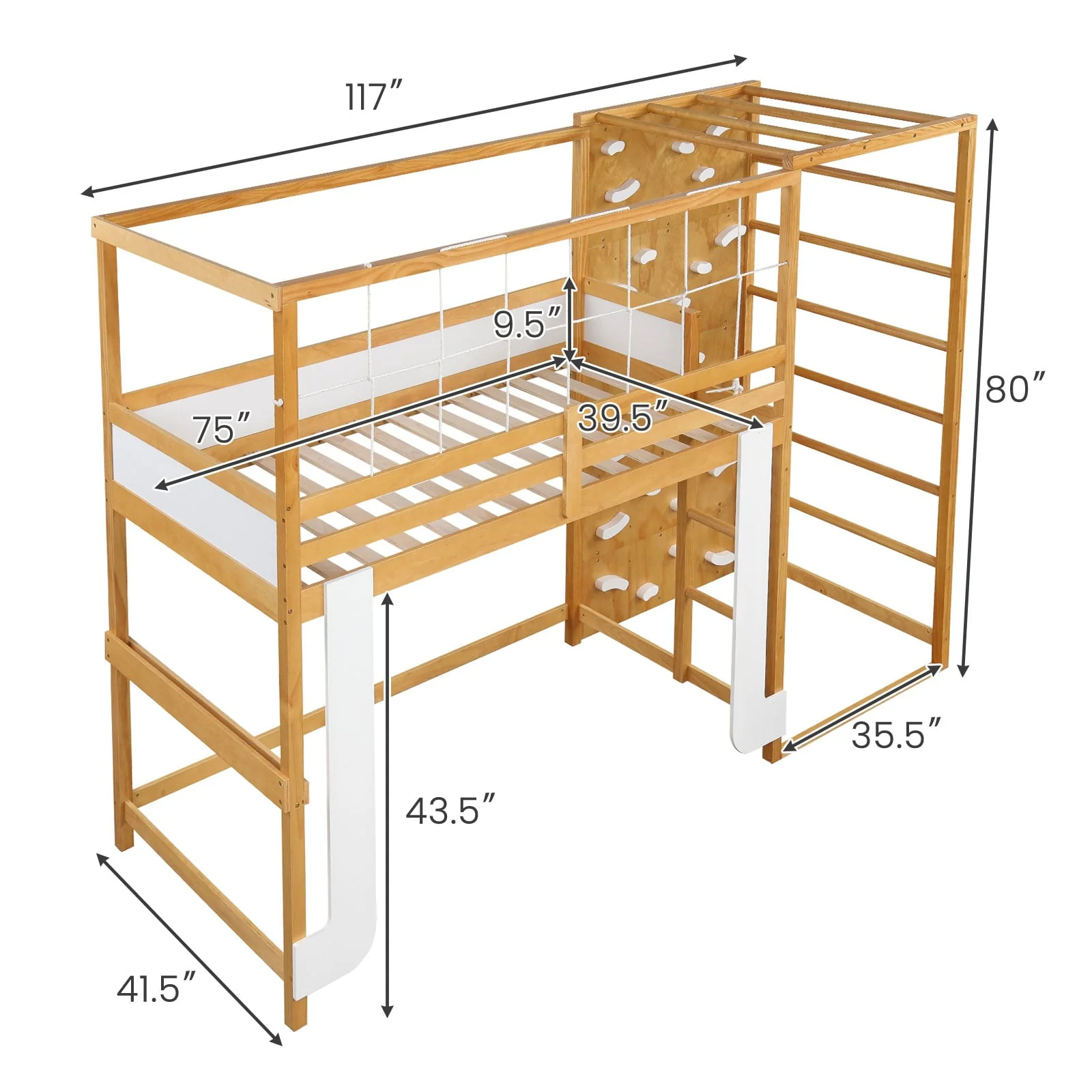 Twin Bunk Bed With Jungle Gym, Wooden Loft Bed, Climbing Ladder, Natural - Image 5