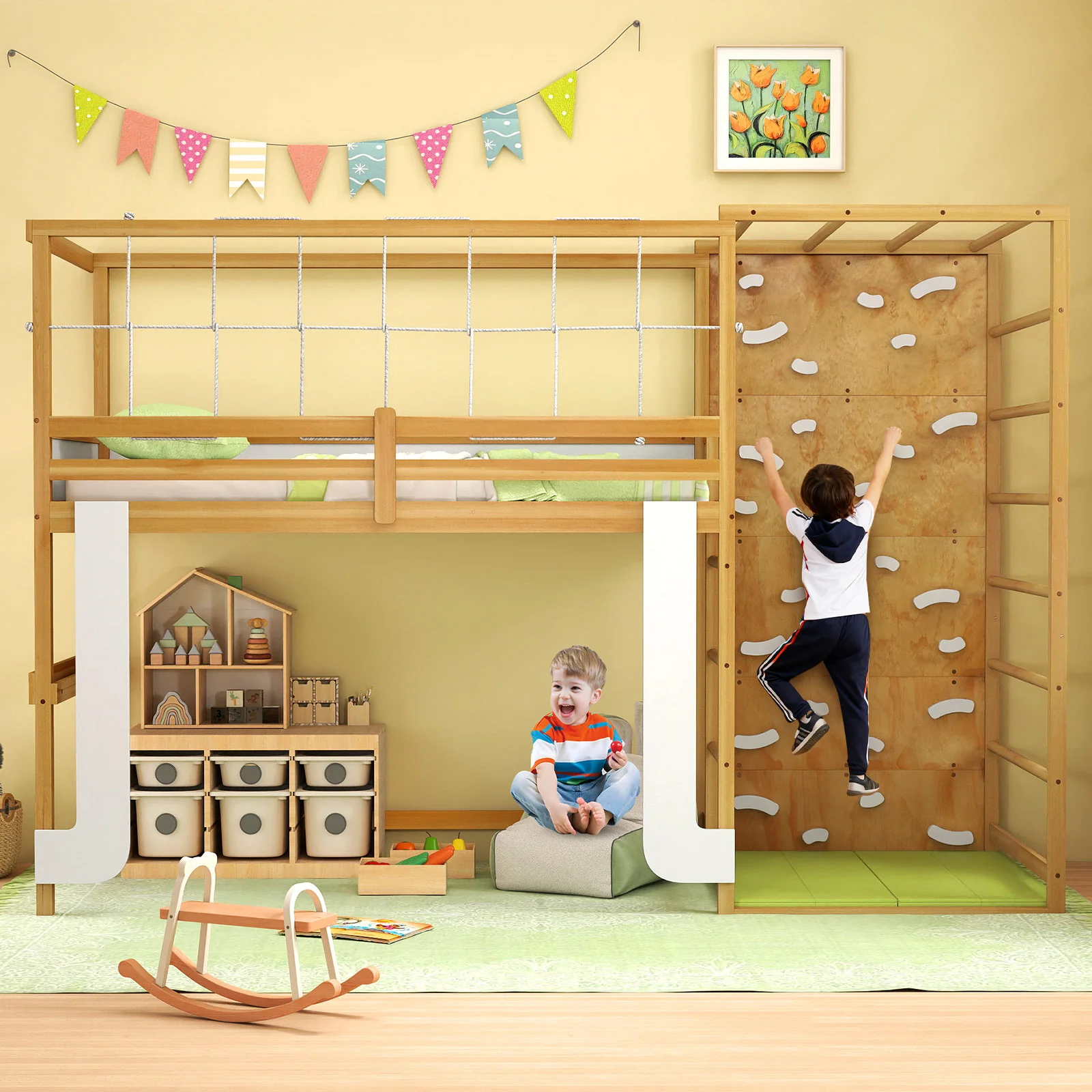 Twin Bunk Bed With Jungle Gym, Wooden Loft Bed, Climbing Ladder, Natural - Image 6