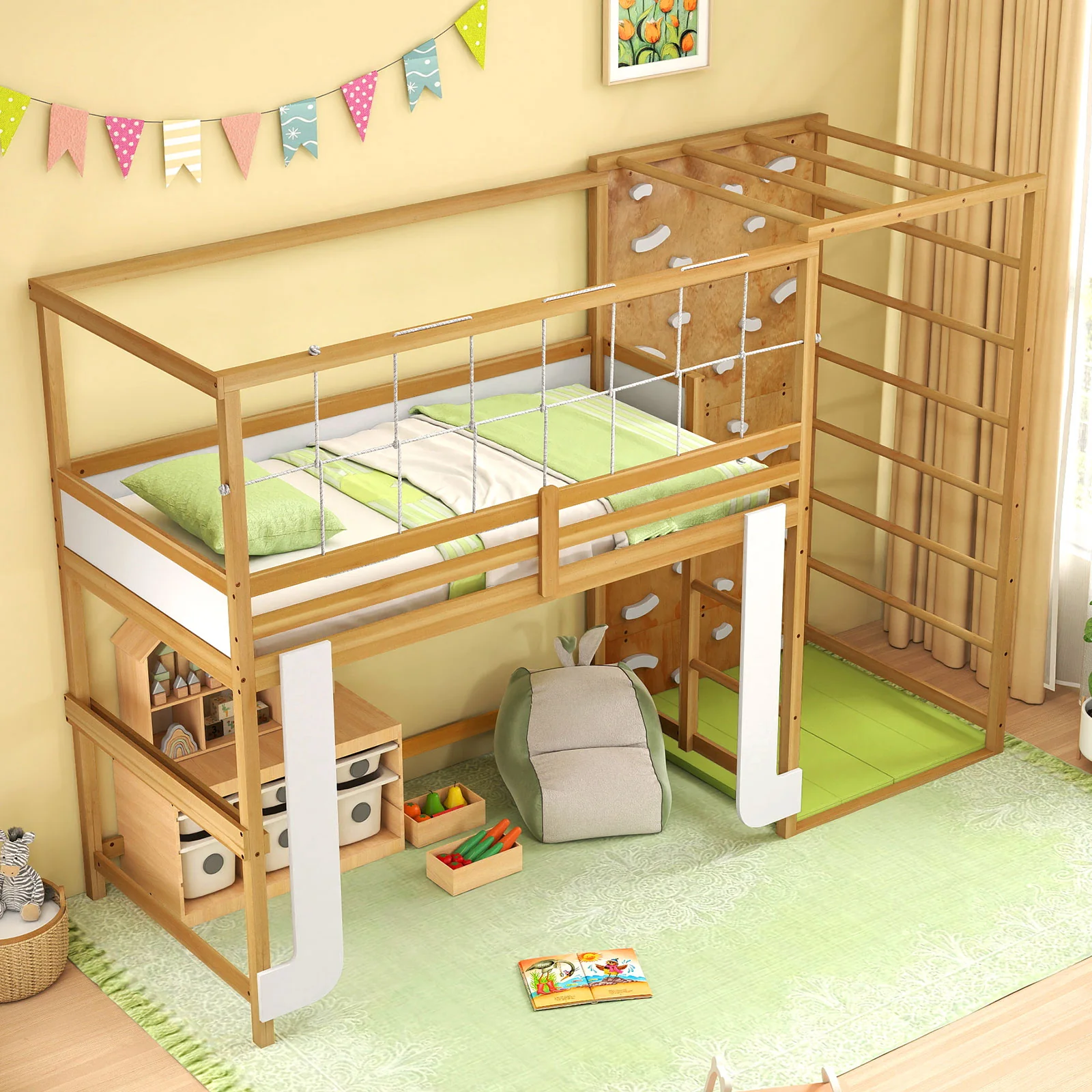 Twin Bunk Bed With Jungle Gym, Wooden Loft Bed, Climbing Ladder, Natural - Image 7