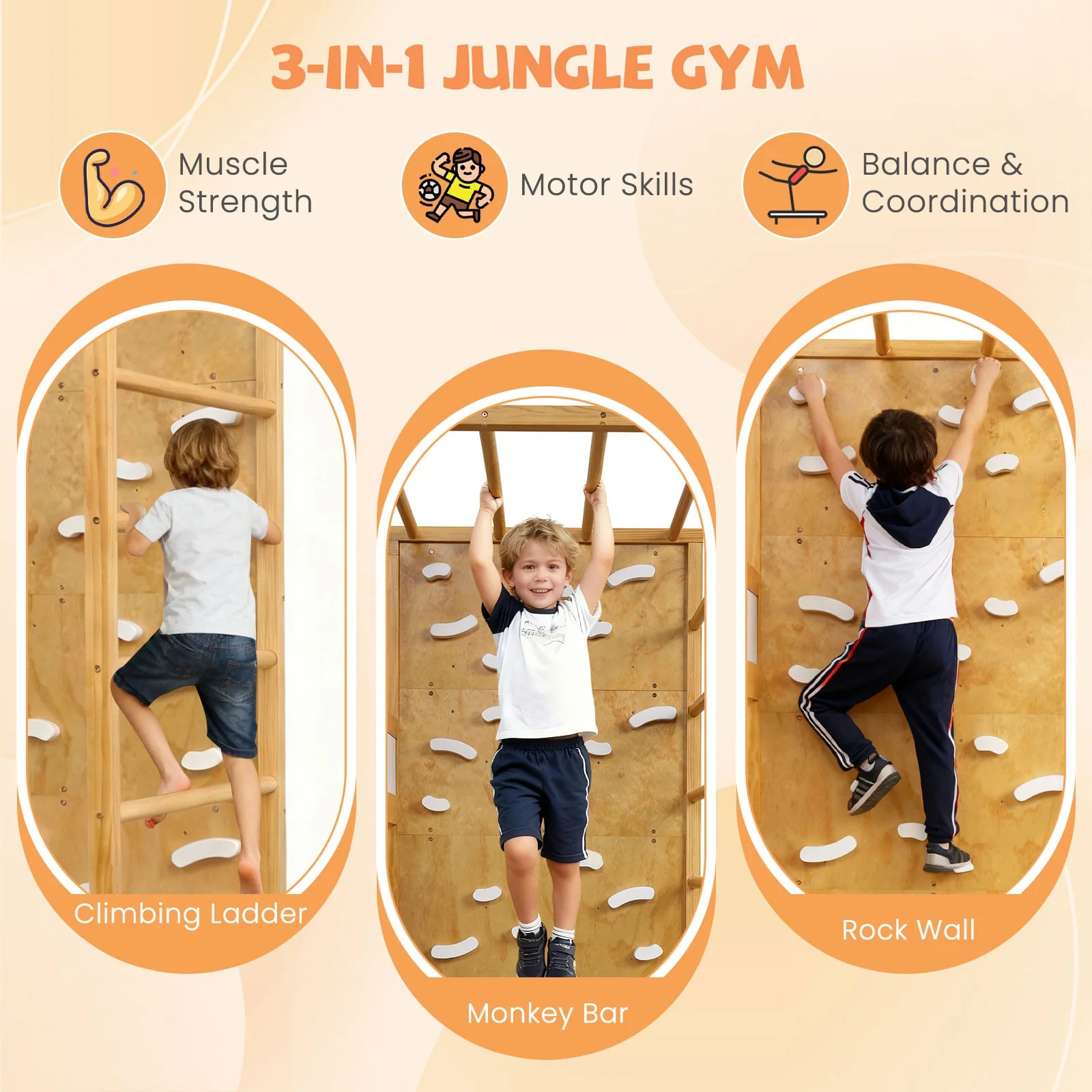 Twin Bunk Bed With Jungle Gym, Wooden Loft Bed, Climbing Ladder, Natural - Image 8