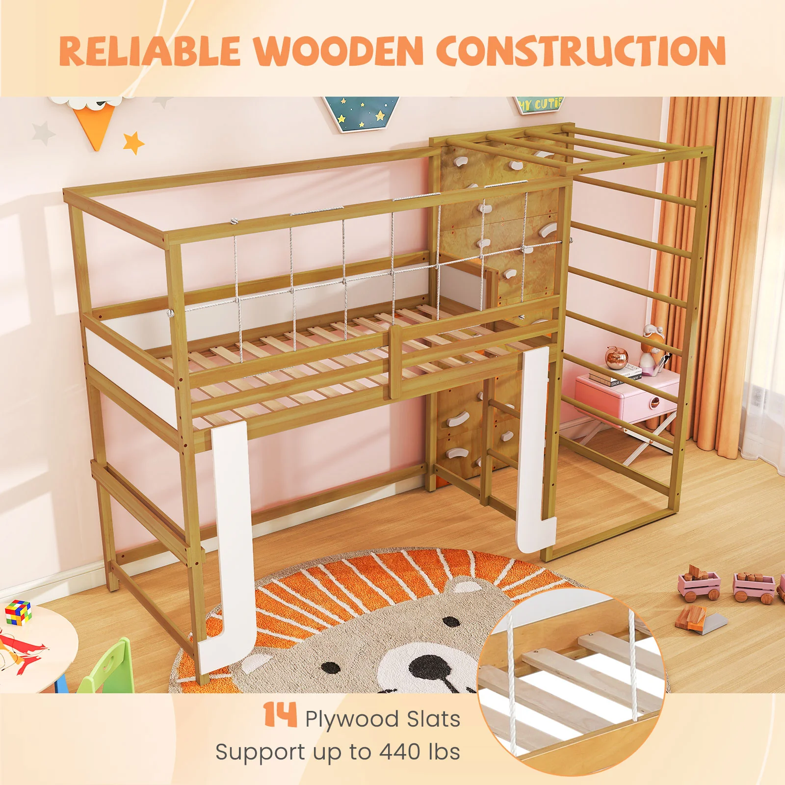 Twin Bunk Bed With Jungle Gym, Wooden Loft Bed, Climbing Ladder, Natural - Image 9