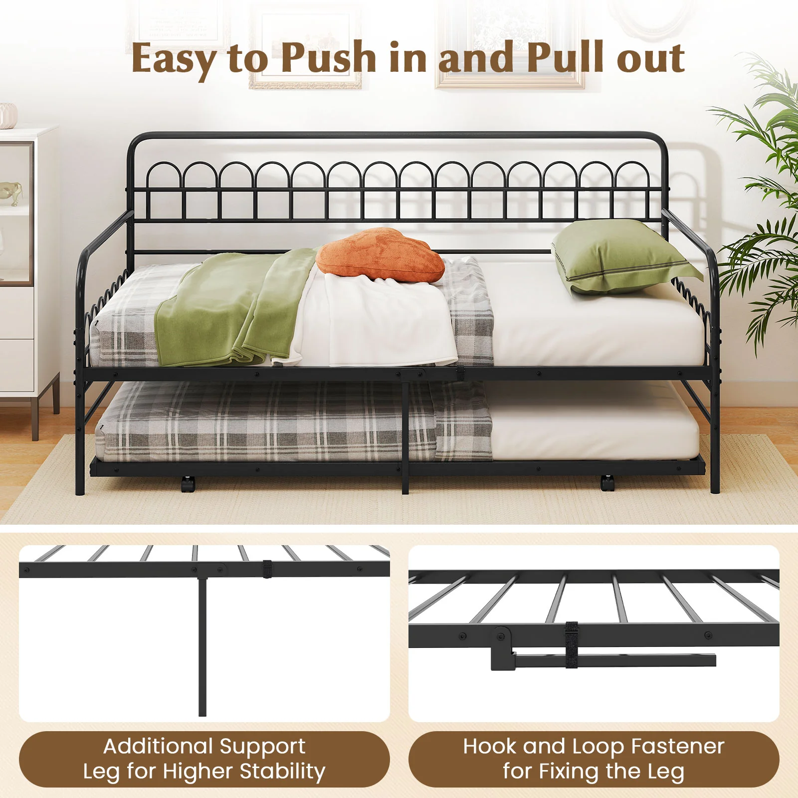 Twin Daybed with Curved Backrest and Armrests, Black - Image 10