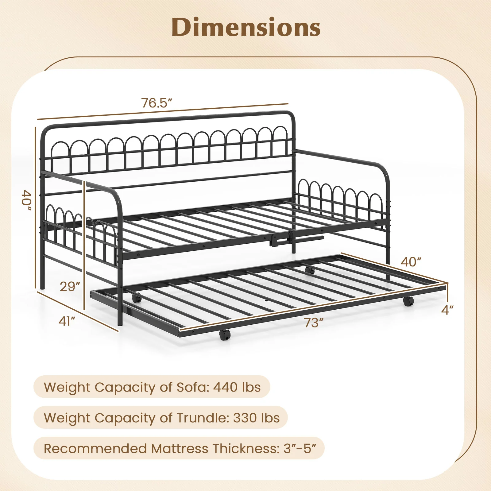 Twin Daybed with Curved Backrest and Armrests, Black - Image 6