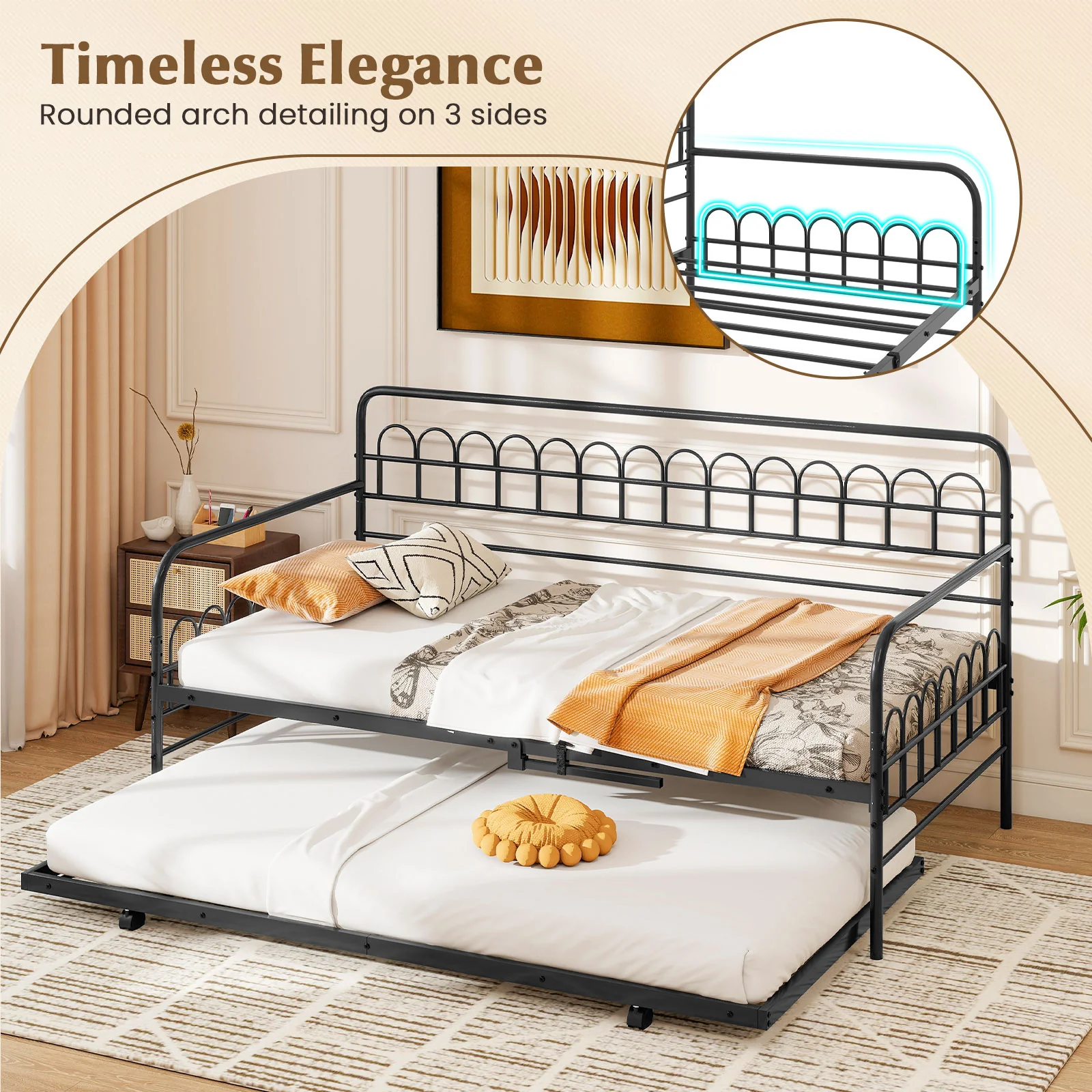 Twin Daybed with Curved Backrest and Armrests, Black - Image 8