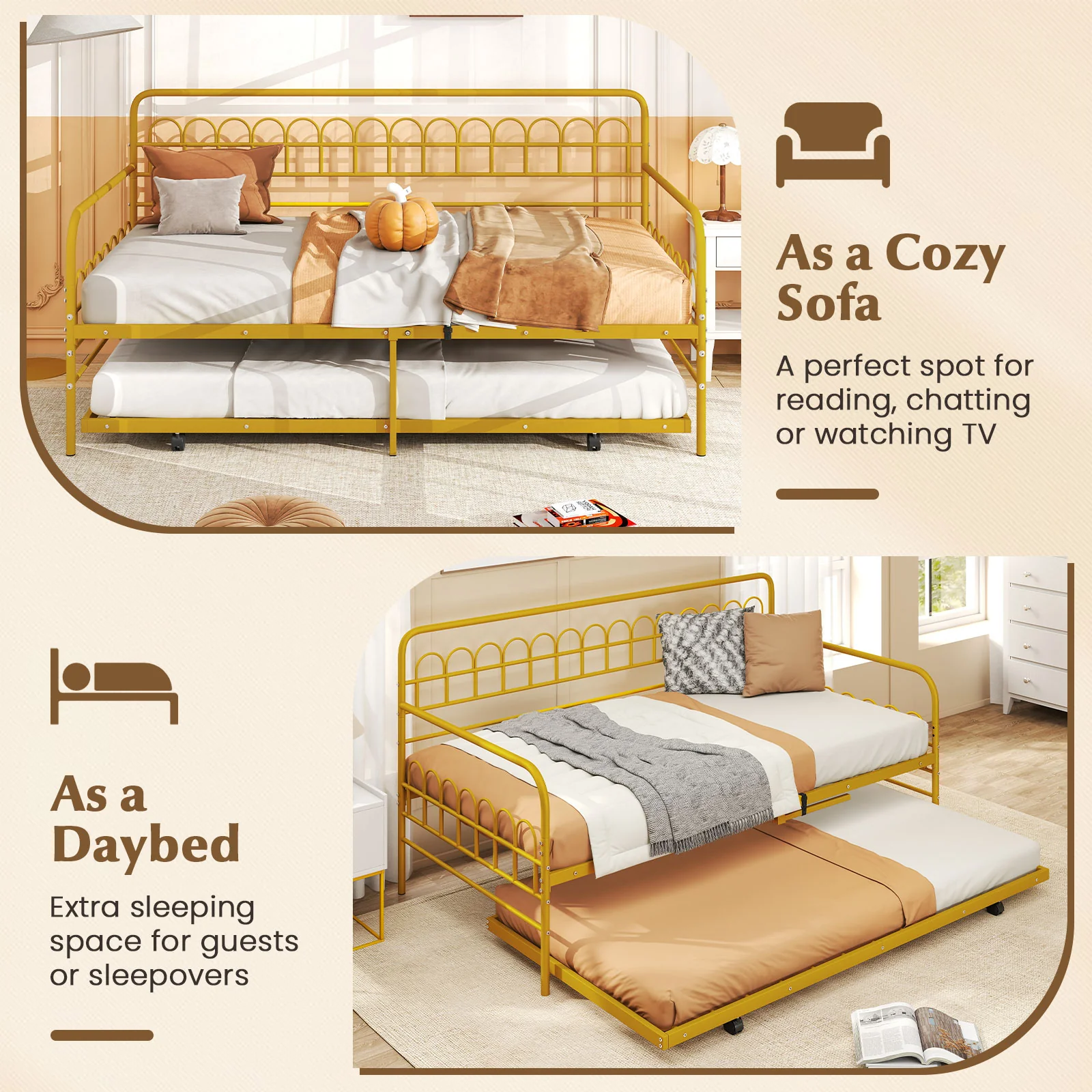 Twin Daybed With Curved Backrest, Armrests, Gold - Image 10