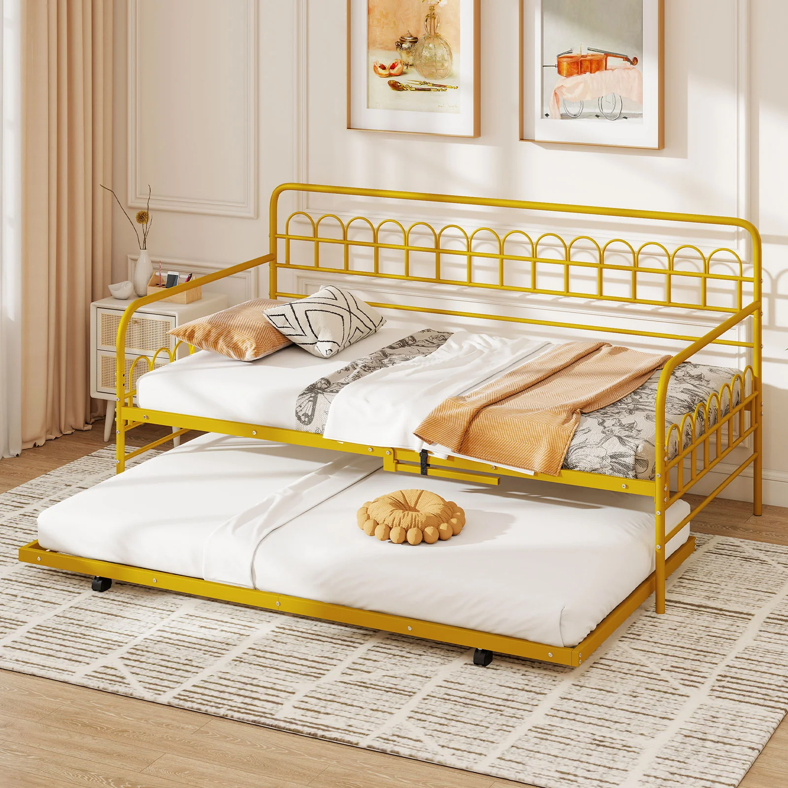 Twin Daybed With Curved Backrest, Armrests, Gold - Image 2