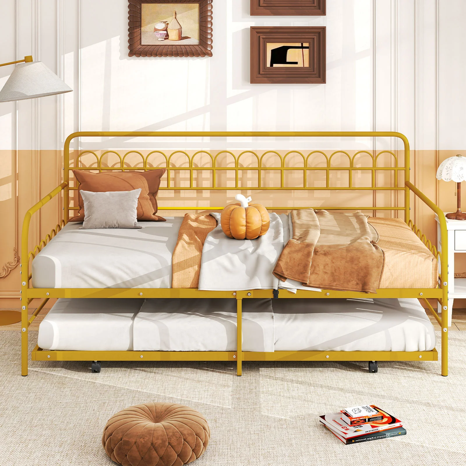Twin Daybed With Curved Backrest, Armrests, Gold - Image 3