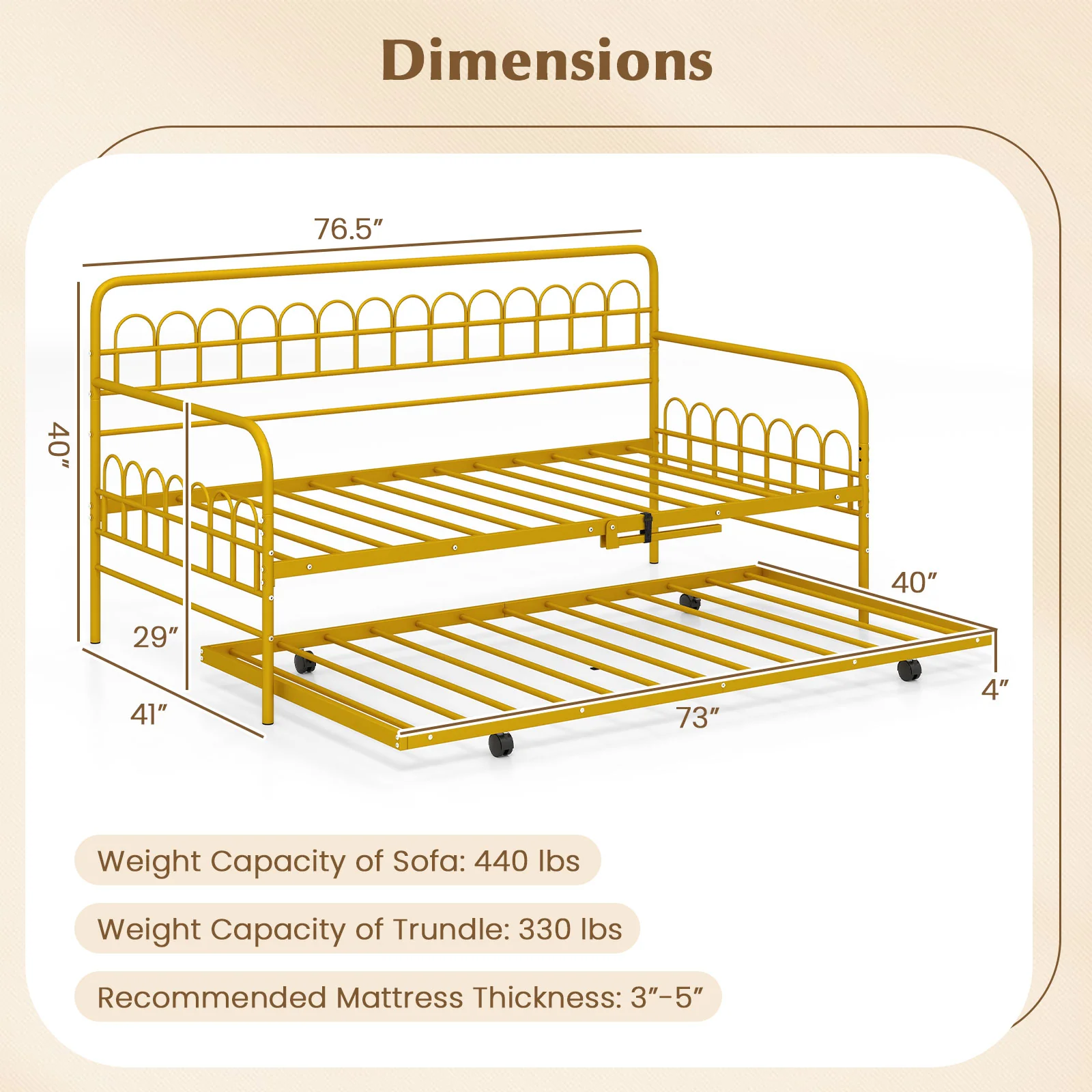 Twin Daybed With Curved Backrest, Armrests, Gold - Image 6