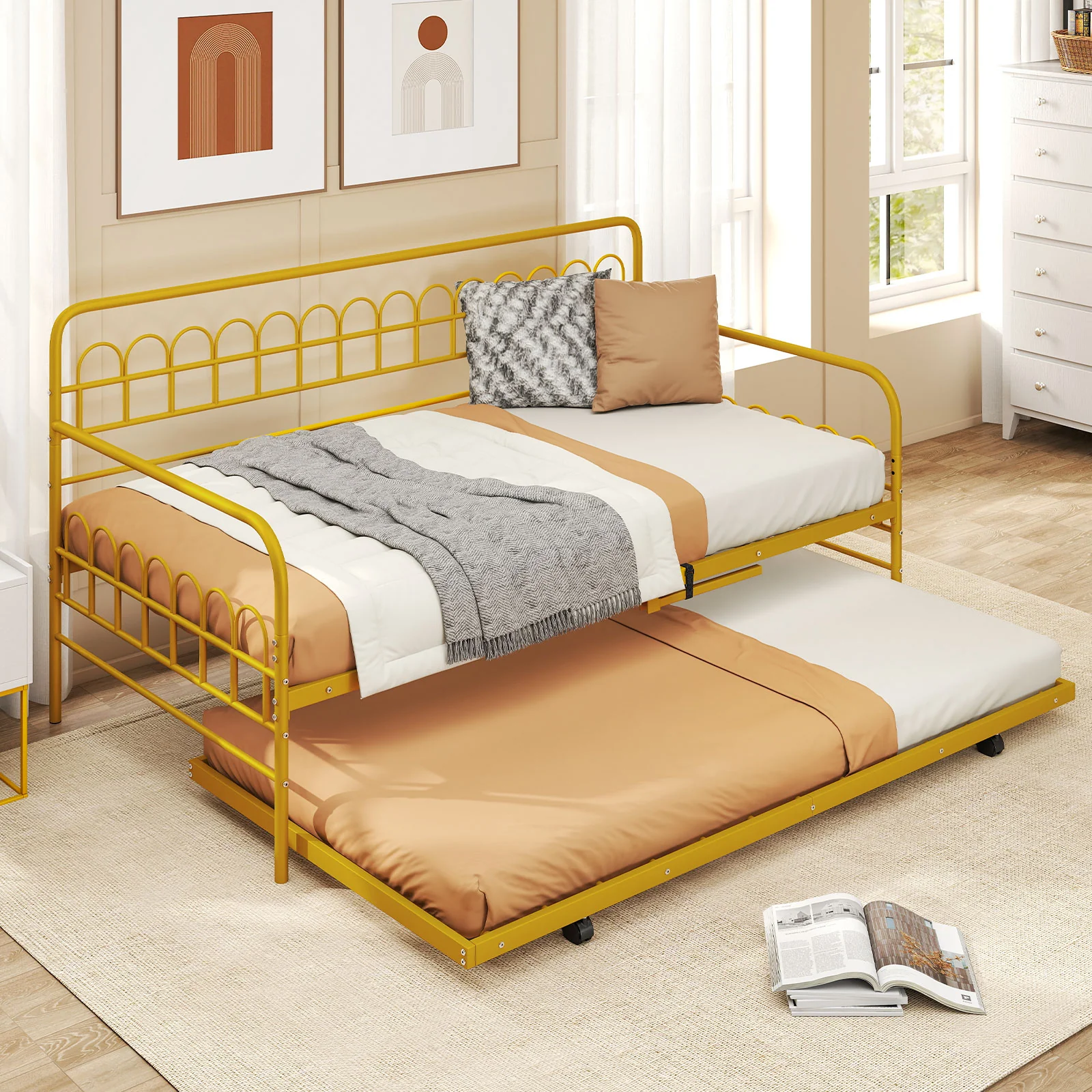 Twin Daybed With Curved Backrest, Armrests, Gold - Image 7