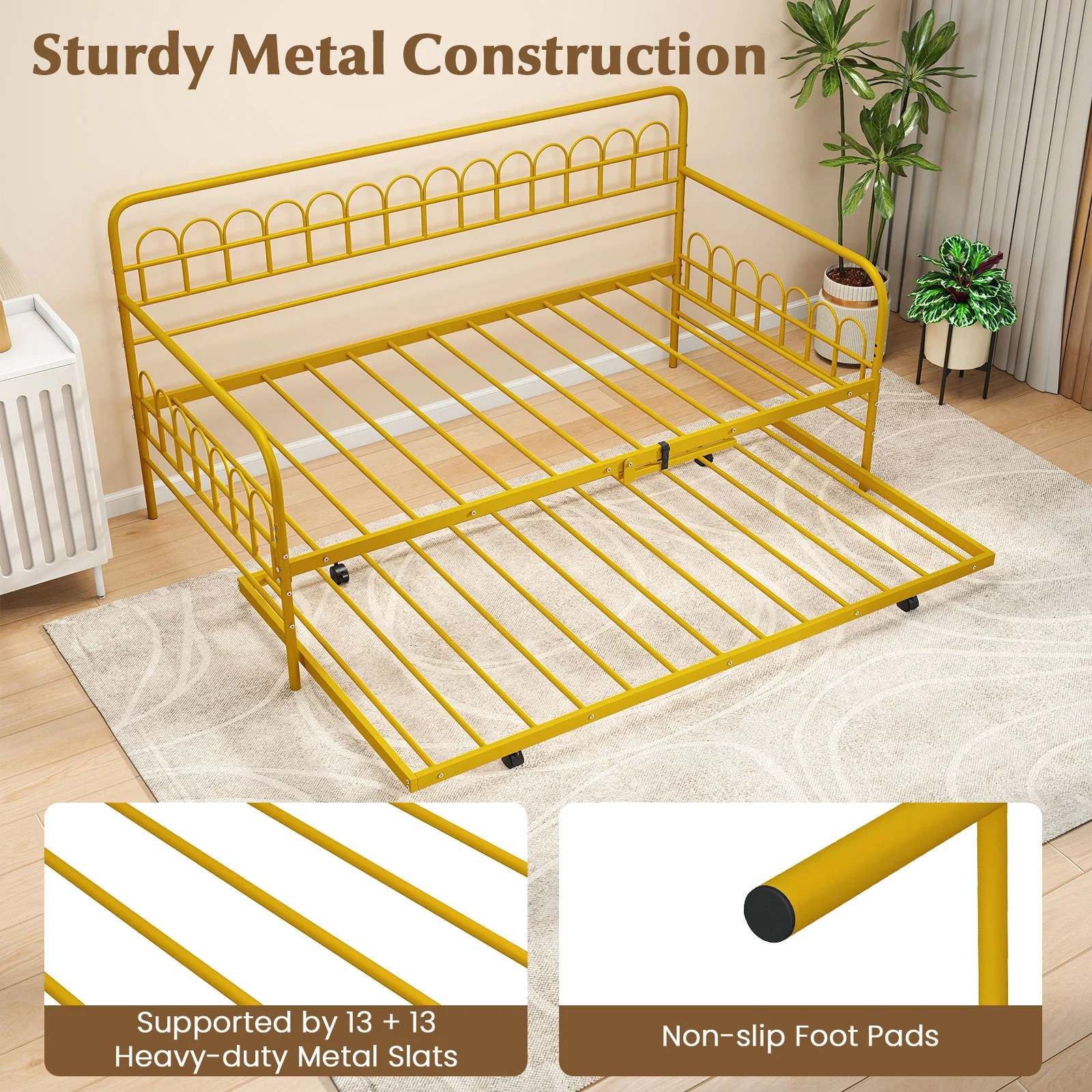 Twin Daybed With Curved Backrest, Armrests, Gold - Image 8