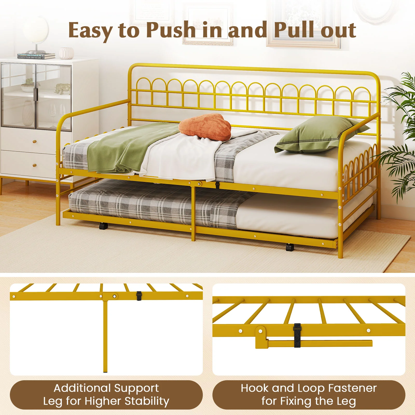 Twin Daybed With Curved Backrest, Armrests, Gold - Image 9