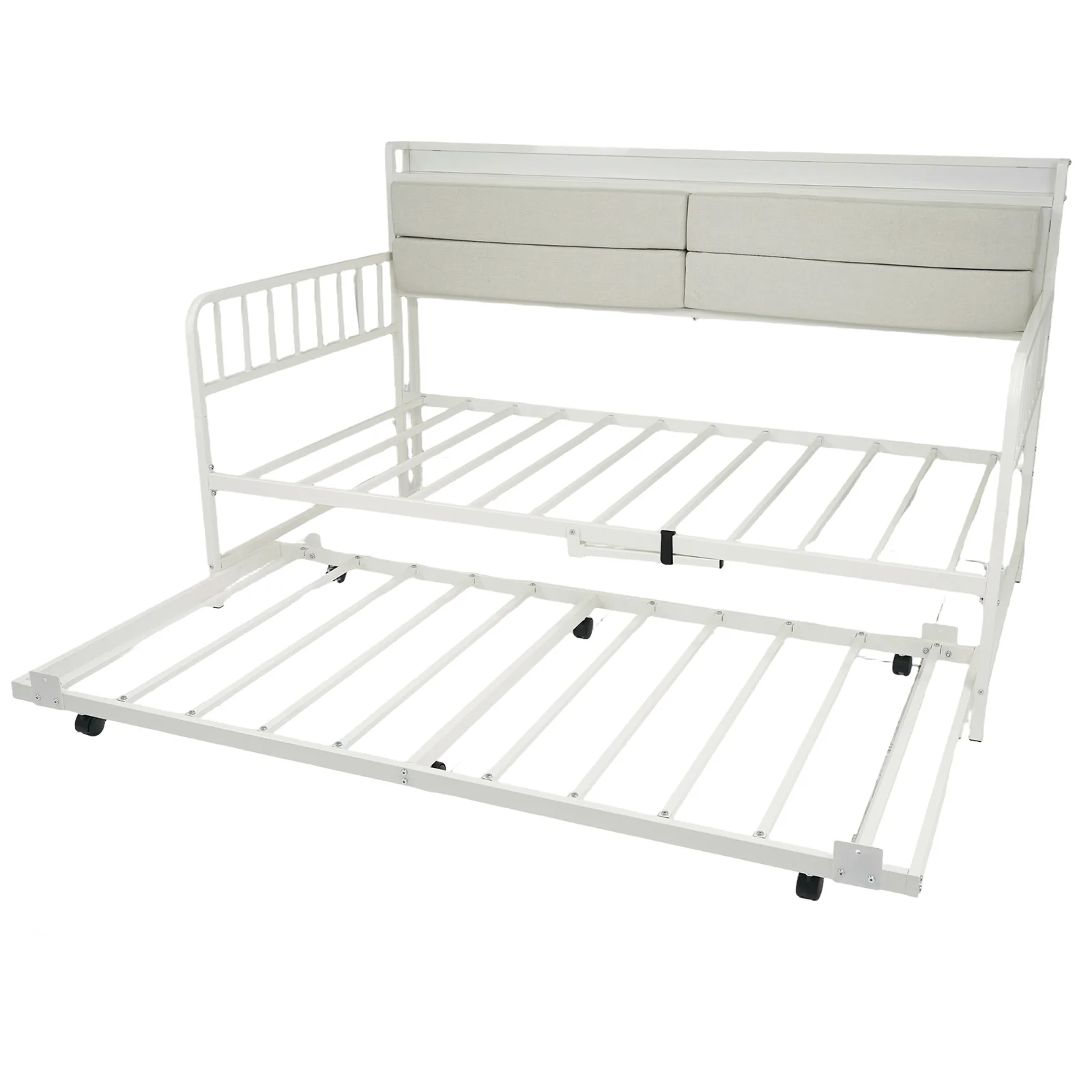 Twin Daybed With Trundle, Metal Frame, Headboard, White