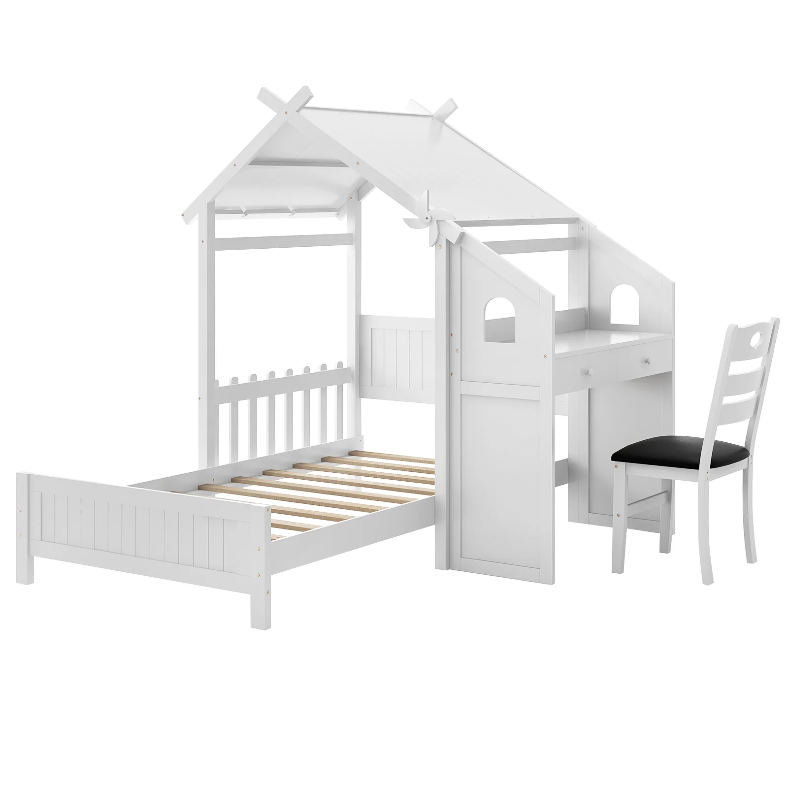 Twin House Bed With 2 Drawers, Windmill, White