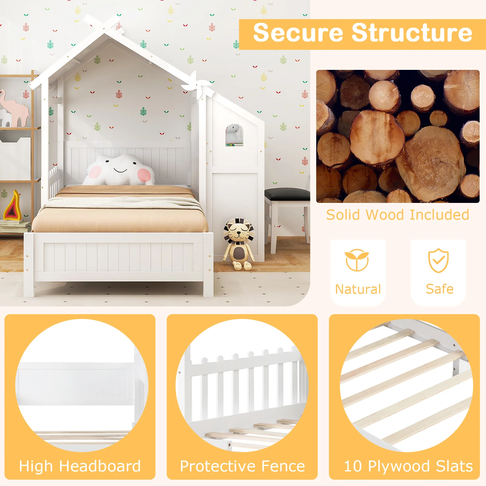 Twin House Bed With 2 Drawers, Windmill, White - Image 10