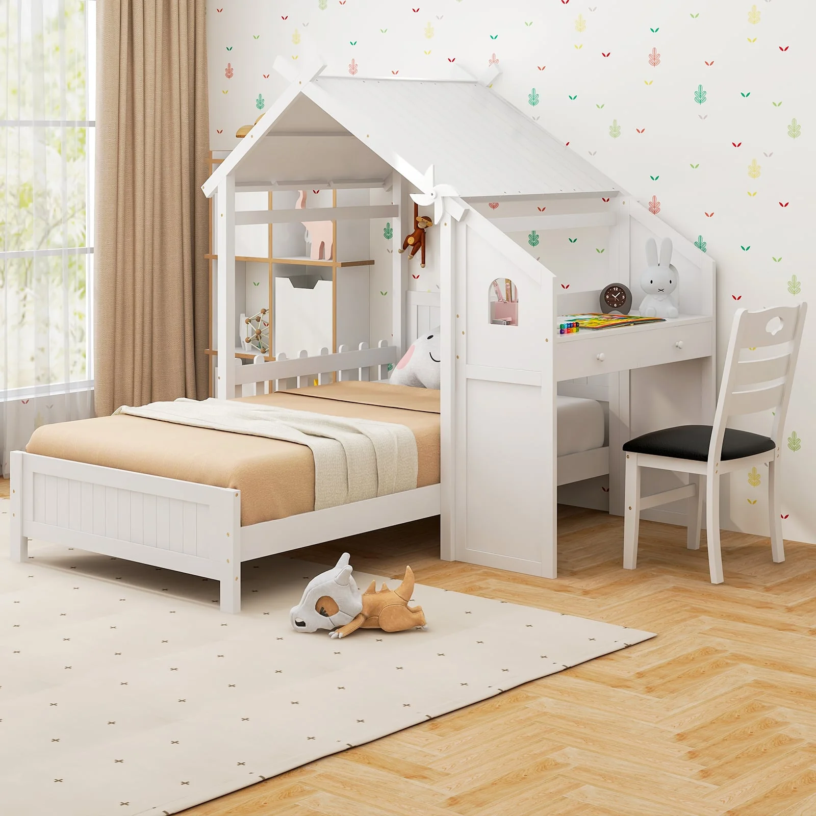 Twin House Bed With 2 Drawers, Windmill, White - Image 2