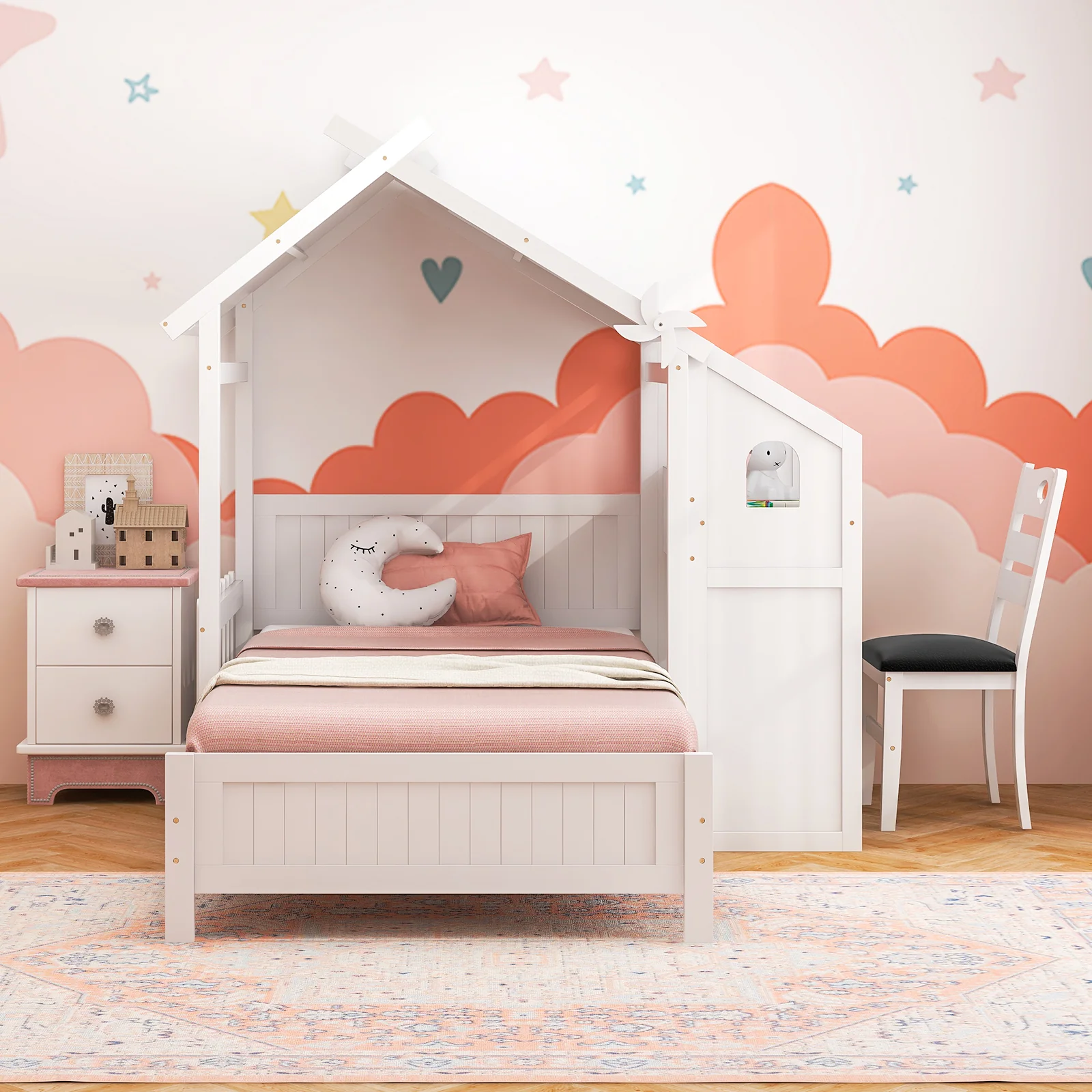 Twin House Bed With 2 Drawers, Windmill, White - Image 3