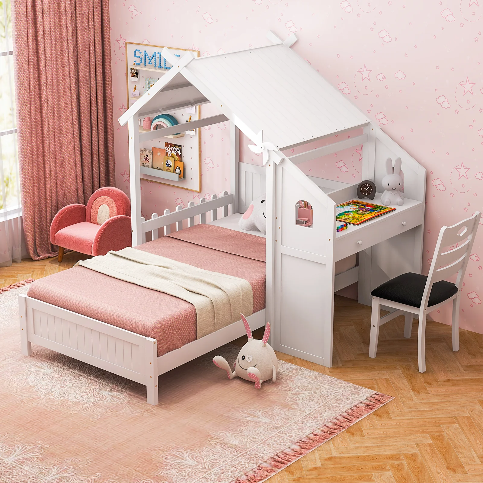 Twin House Bed With 2 Drawers, Windmill, White - Image 6