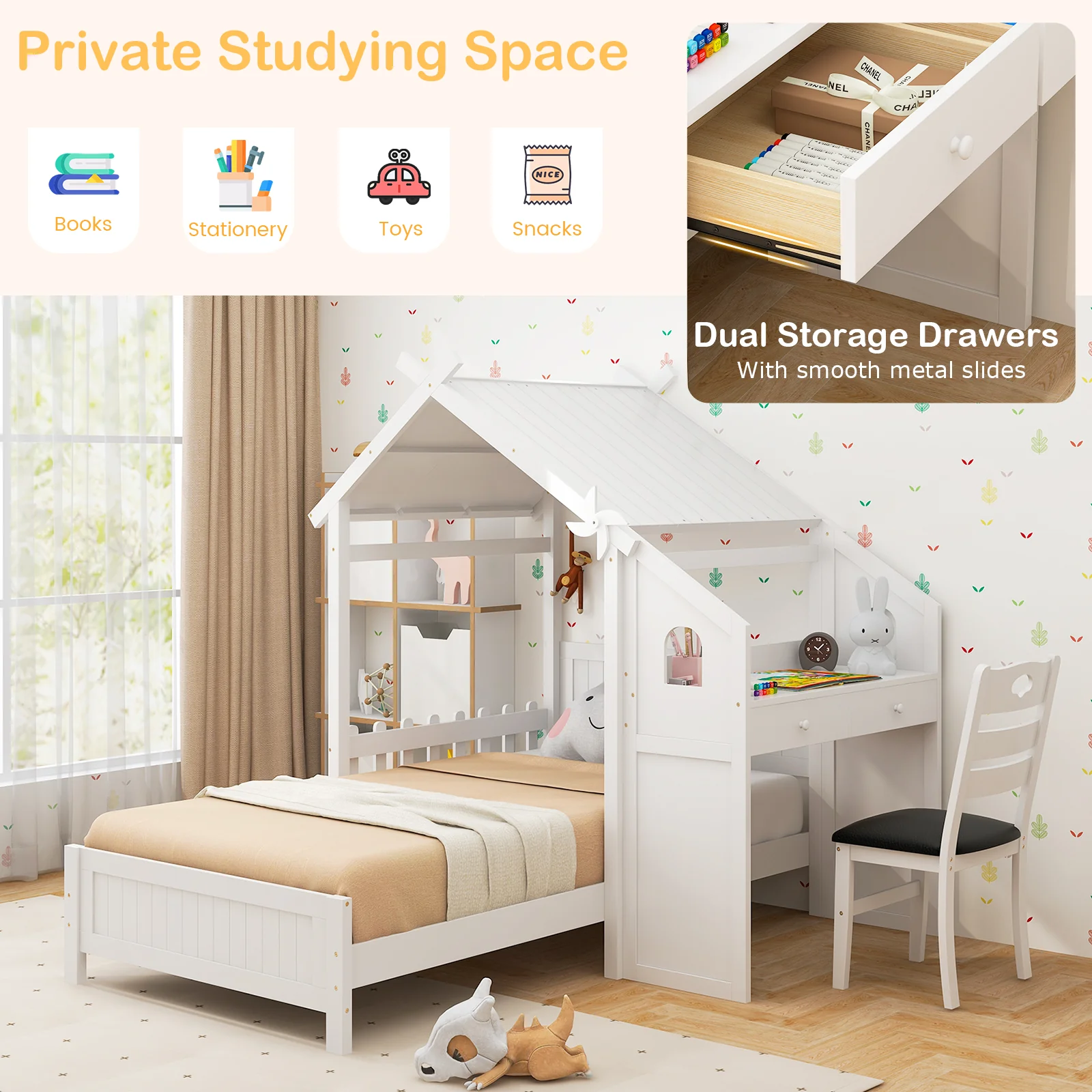 Twin House Bed With 2 Drawers, Windmill, White - Image 8