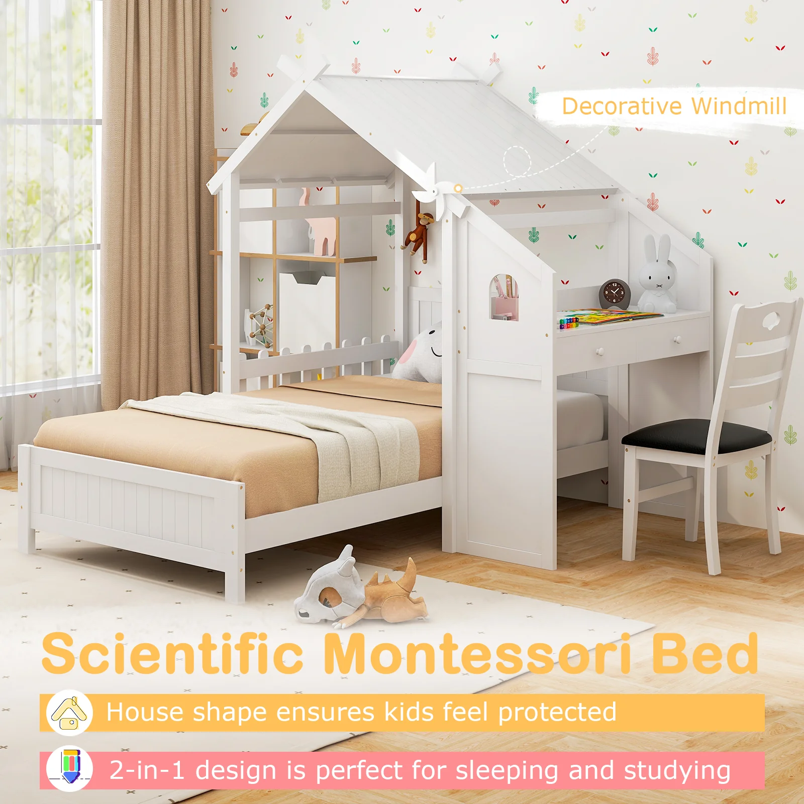 Twin House Bed With 2 Drawers, Windmill, White - Image 9