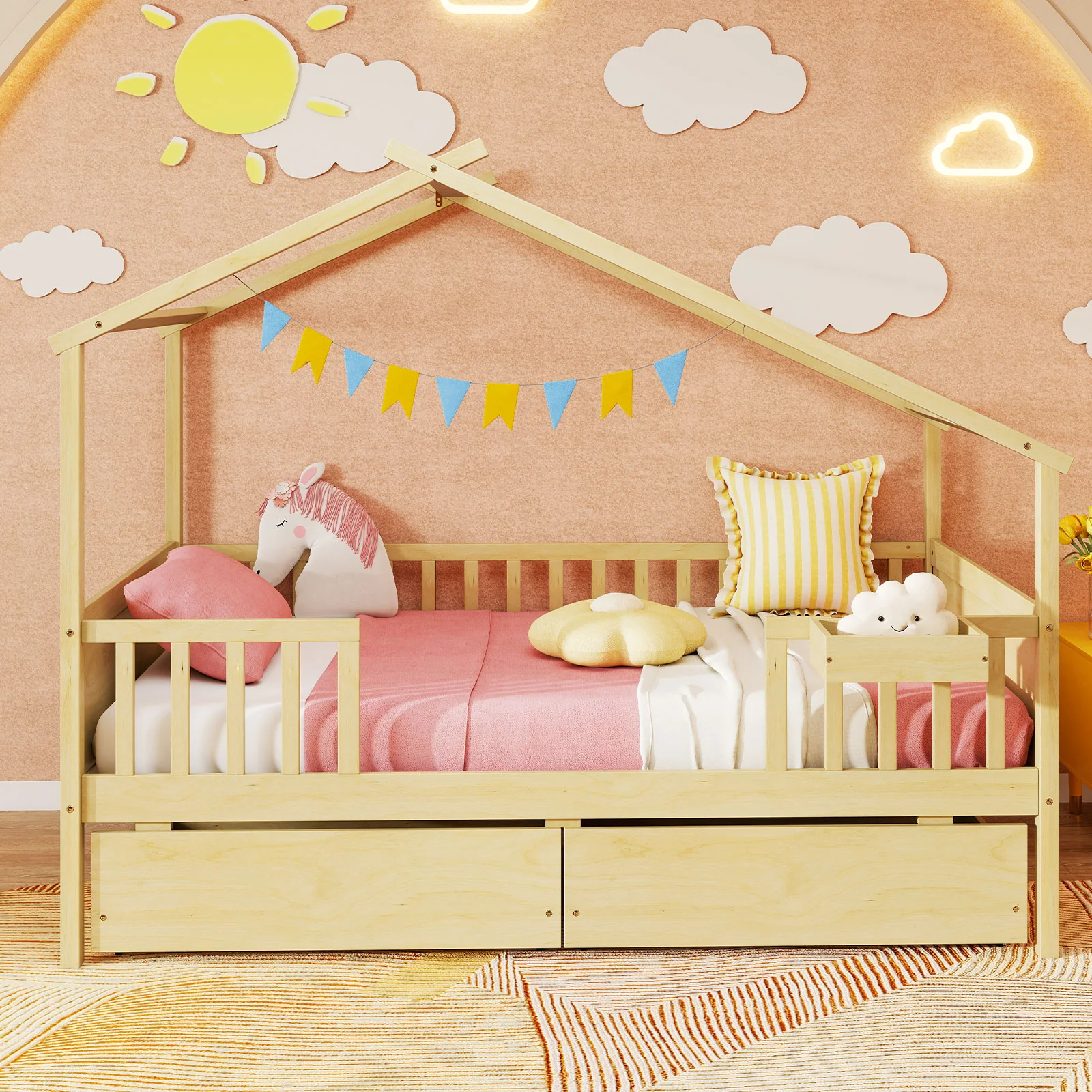 Twin House Bed With 2 Storage Drawers, Roof And Fence Rails, Natural - Image 6