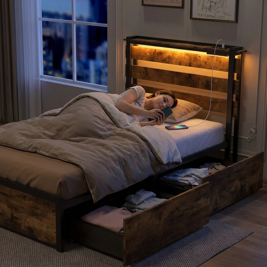 Twin LED Bed Frame with App Control, Rustic Brown - Image 2