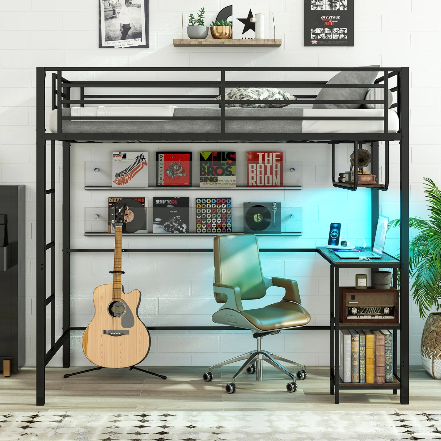 Twin Loft Bed with Desk, LED Lights, Charging Station, Black - Image 3