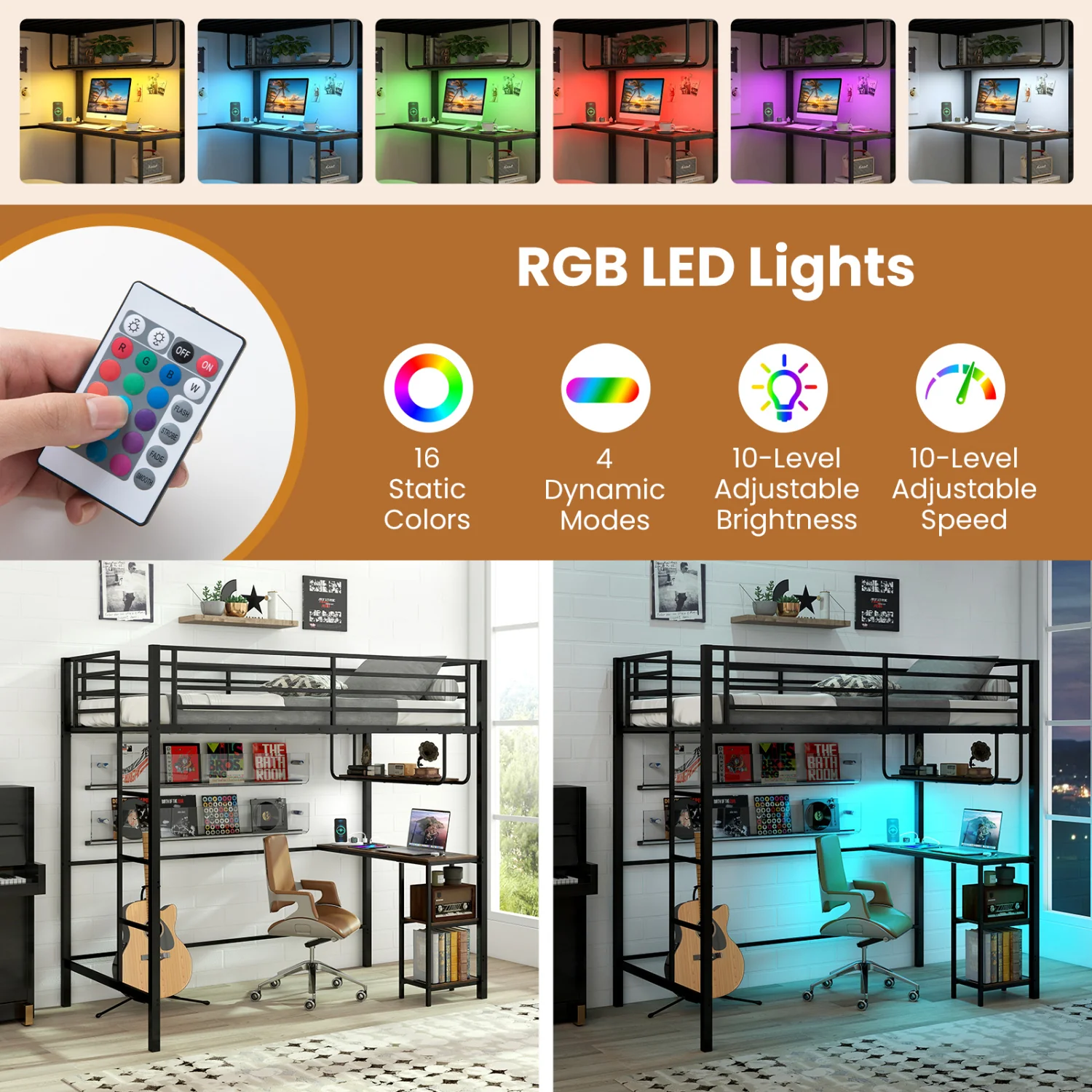 Twin Loft Bed with Desk, LED Lights, Charging Station, Black - Image 7