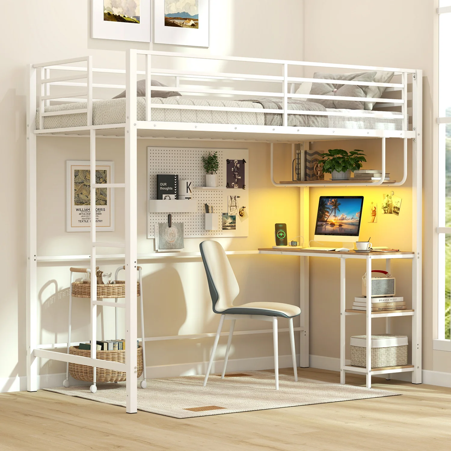 Twin Loft Bed With Desk LED Lights, Heavy-Duty Metal Frame, White - Image 5