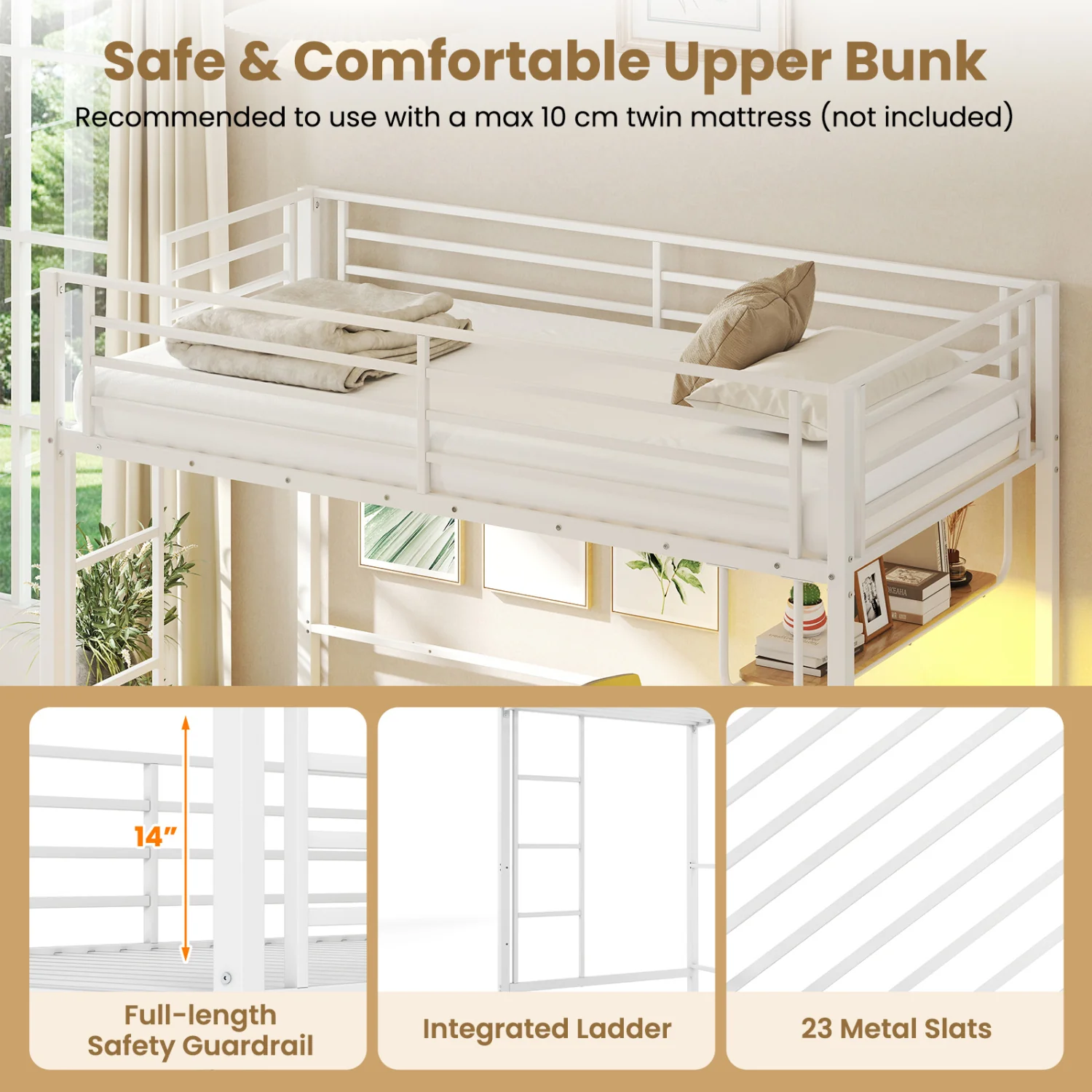 Twin Loft Bed With Desk LED Lights, Heavy-Duty Metal Frame, White - Image 8