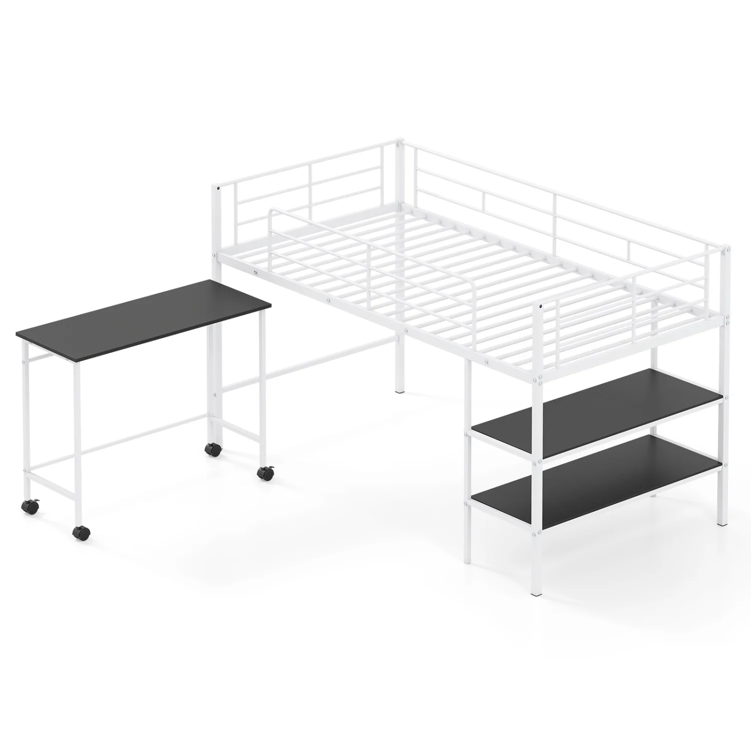 Twin Loft Bed with Rolling Desk, Bookshelf, White
